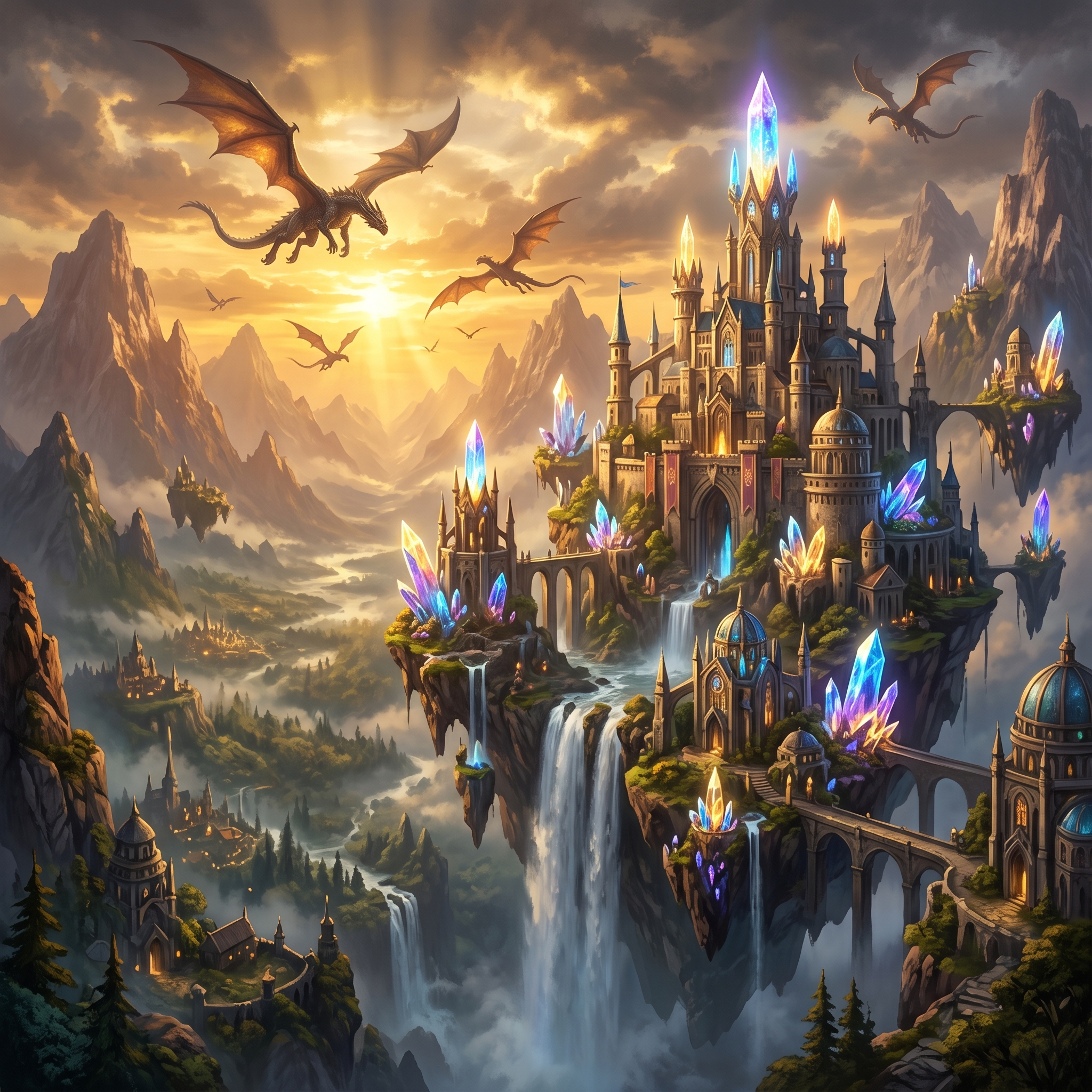 AI fantasy art generator output — epic mountain kingdom with floating islands, glowing crystals, and dragons in a sunset sky