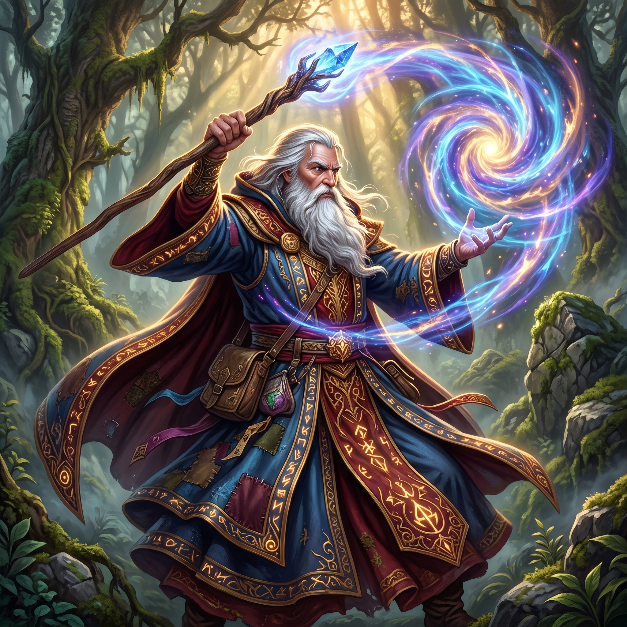 AI-generated fantasy portrait of an elderly wizard casting glowing arcane spell with crystalline staff in misty forest