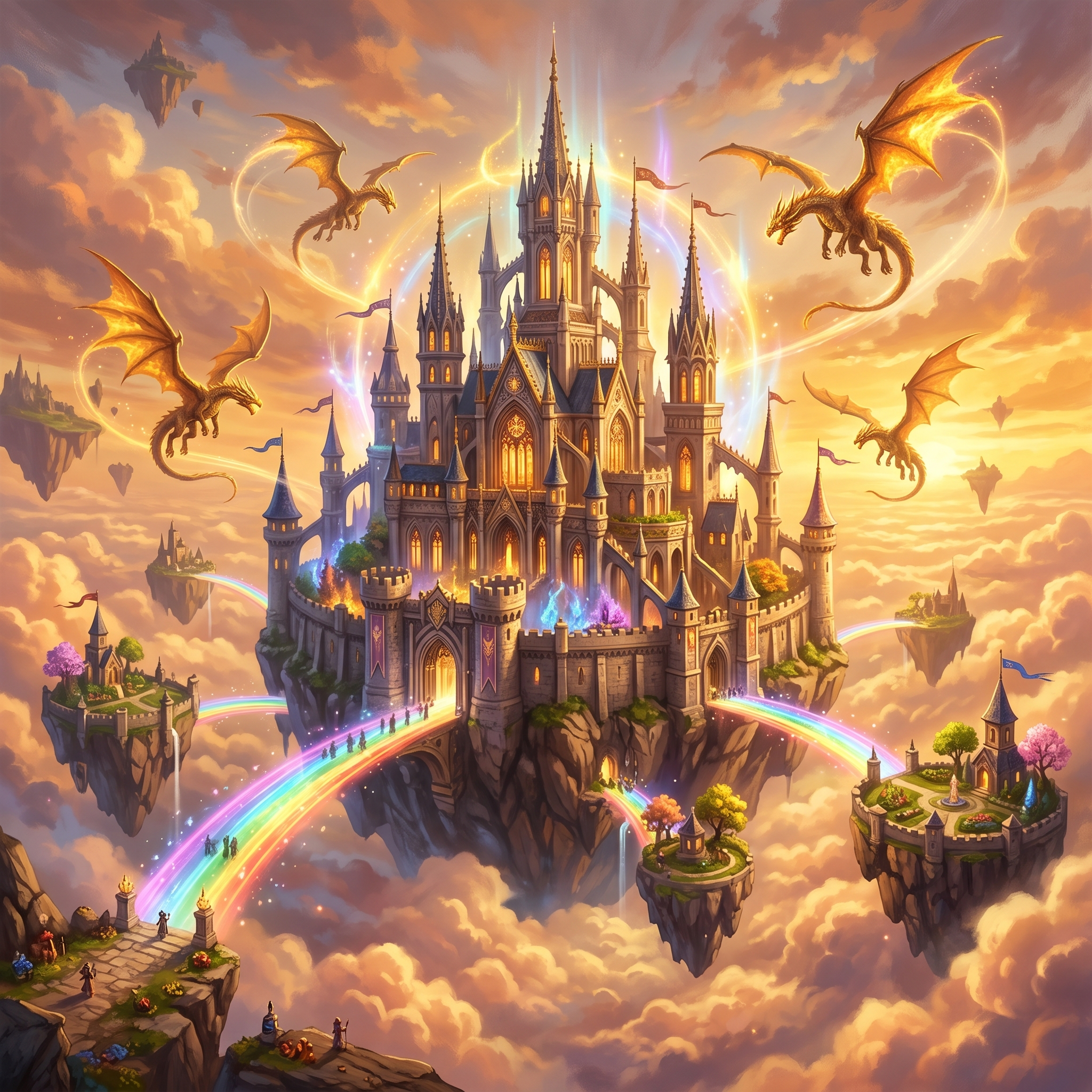 AI fantasy art — floating mythical castle in clouds with golden dragons and rainbow bridges