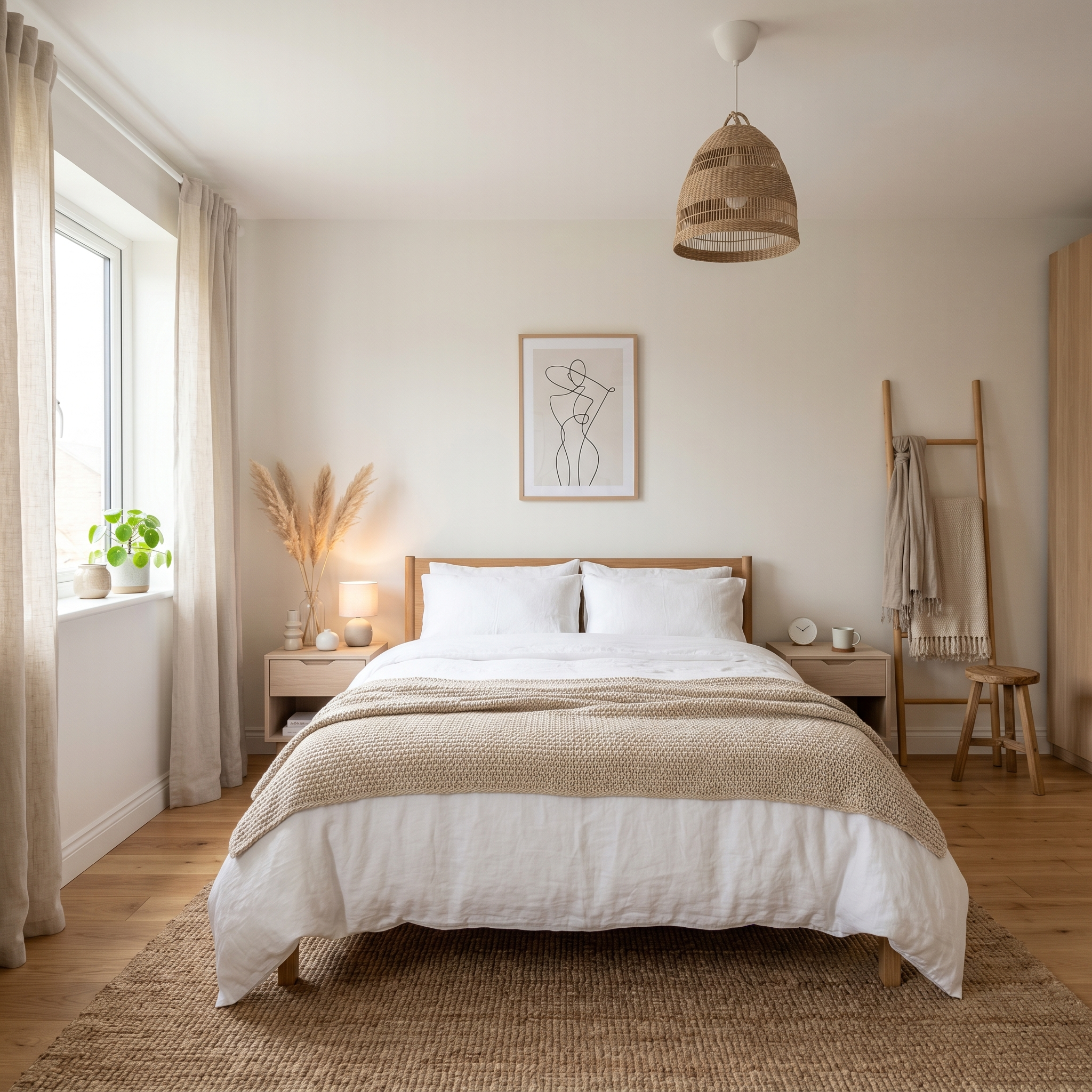 AI interior design — bright Scandinavian bedroom with white walls, linen bedding, and natural wood furniture