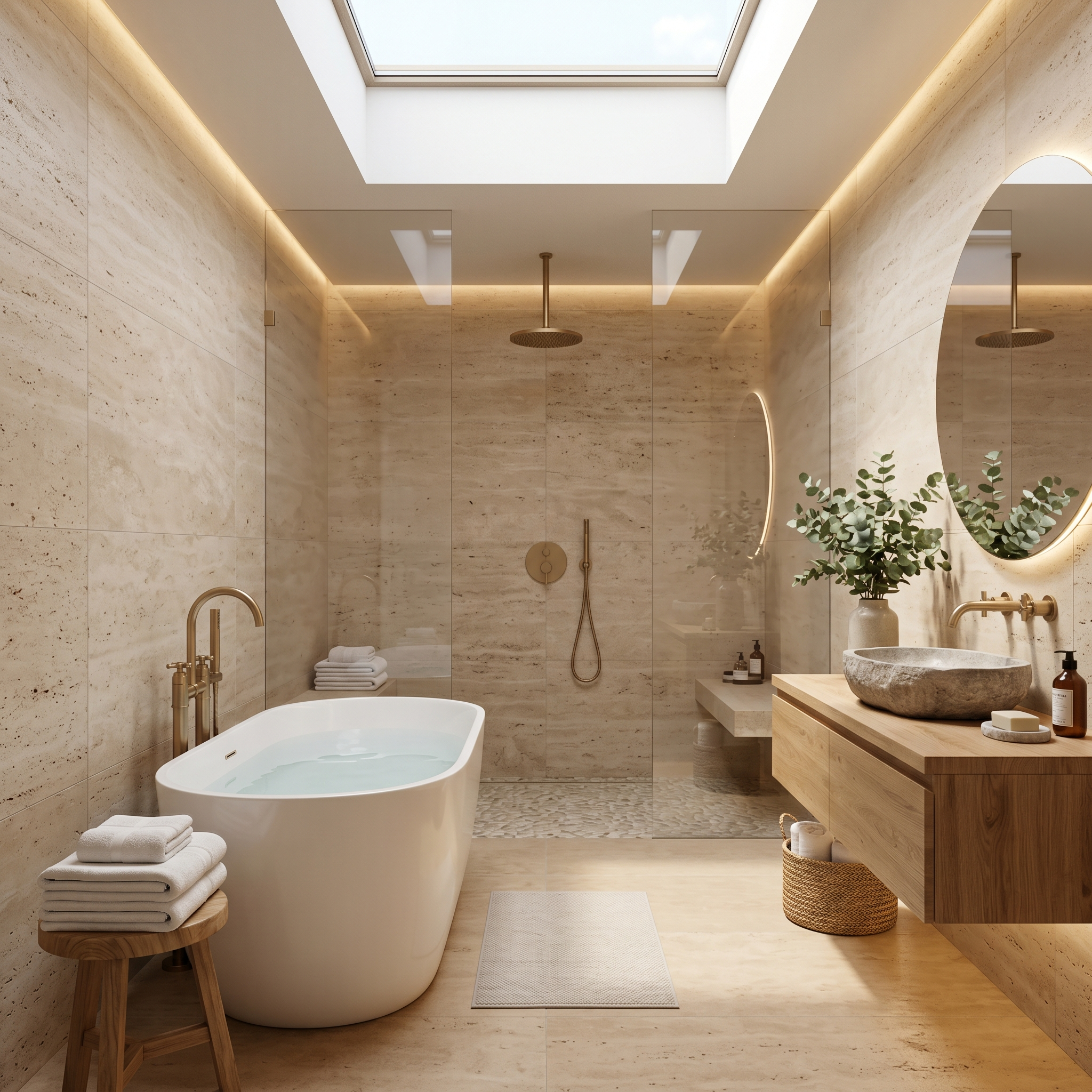 AI interior design — spa-inspired bathroom with freestanding tub, stone walls, and ambient lighting