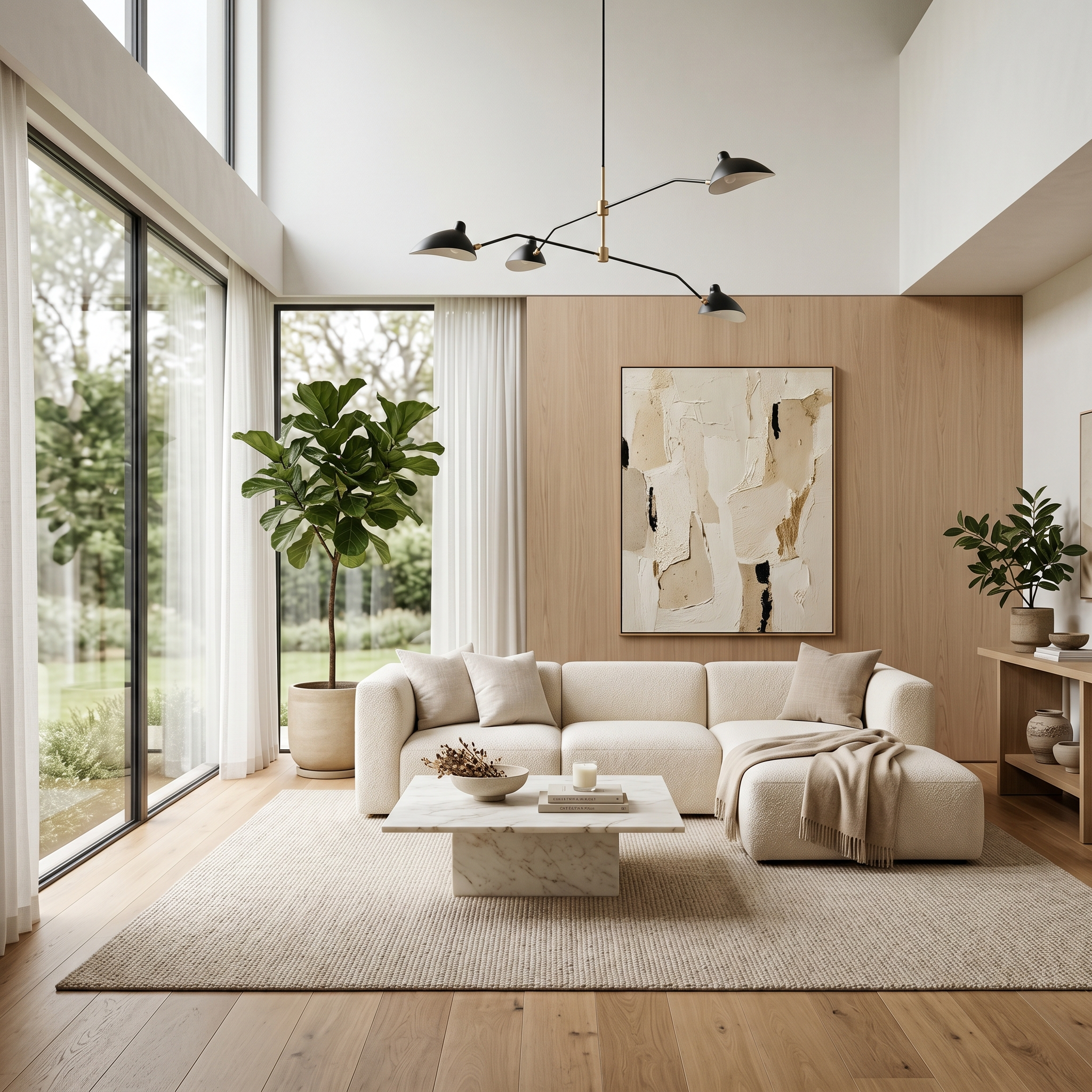 AI interior design tool output — modern minimalist living room with neutral palette, designer sofa, and panoramic windows
