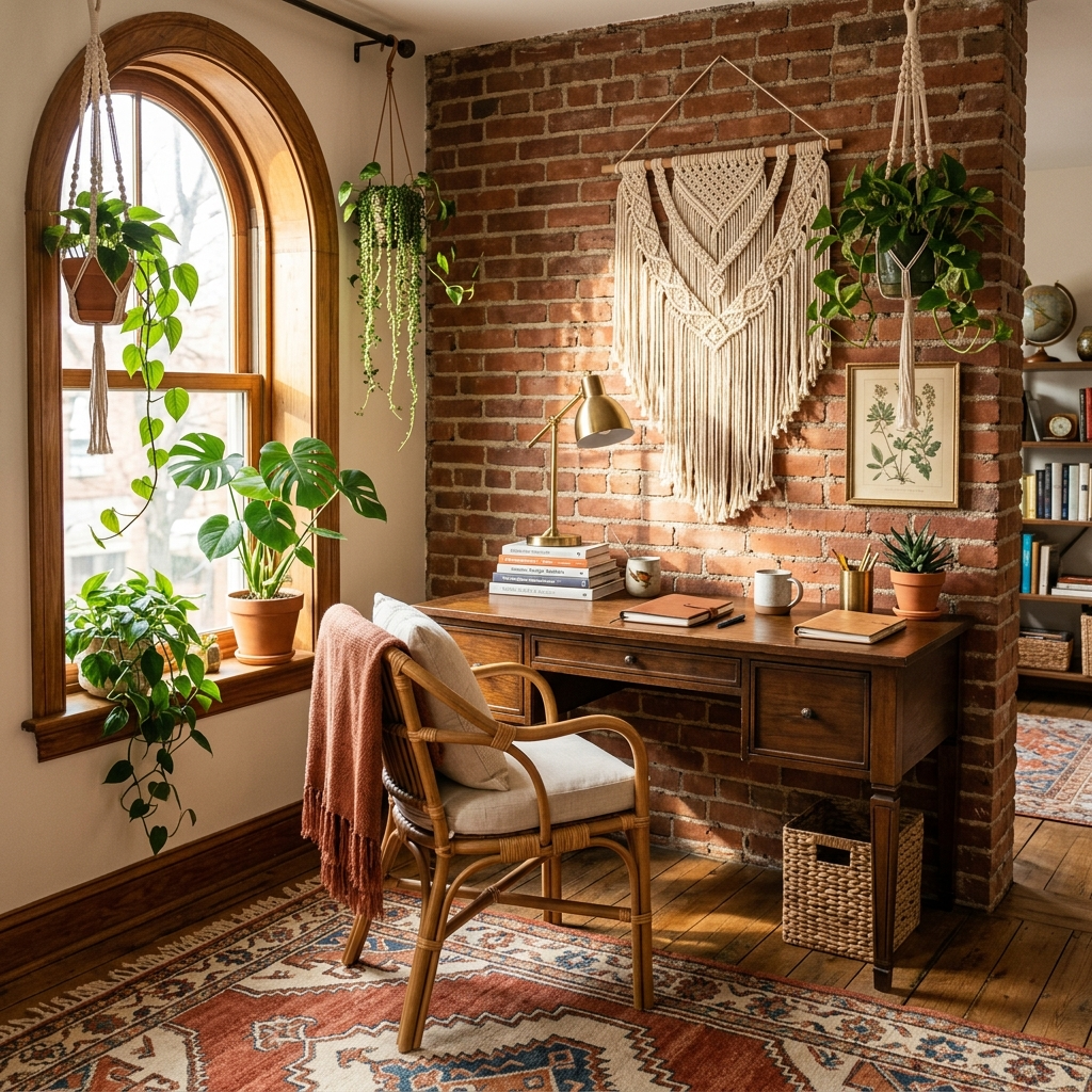 AI interior design — bohemian home office with rattan chair, layered rugs, and macrame wall hangings
