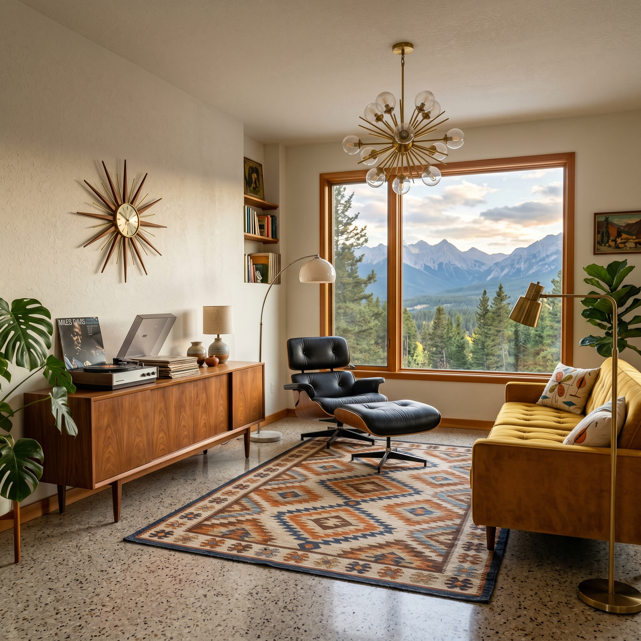 AI interior design — mid-century modern living room with walnut credenza, Eames chair, and sunburst lighting