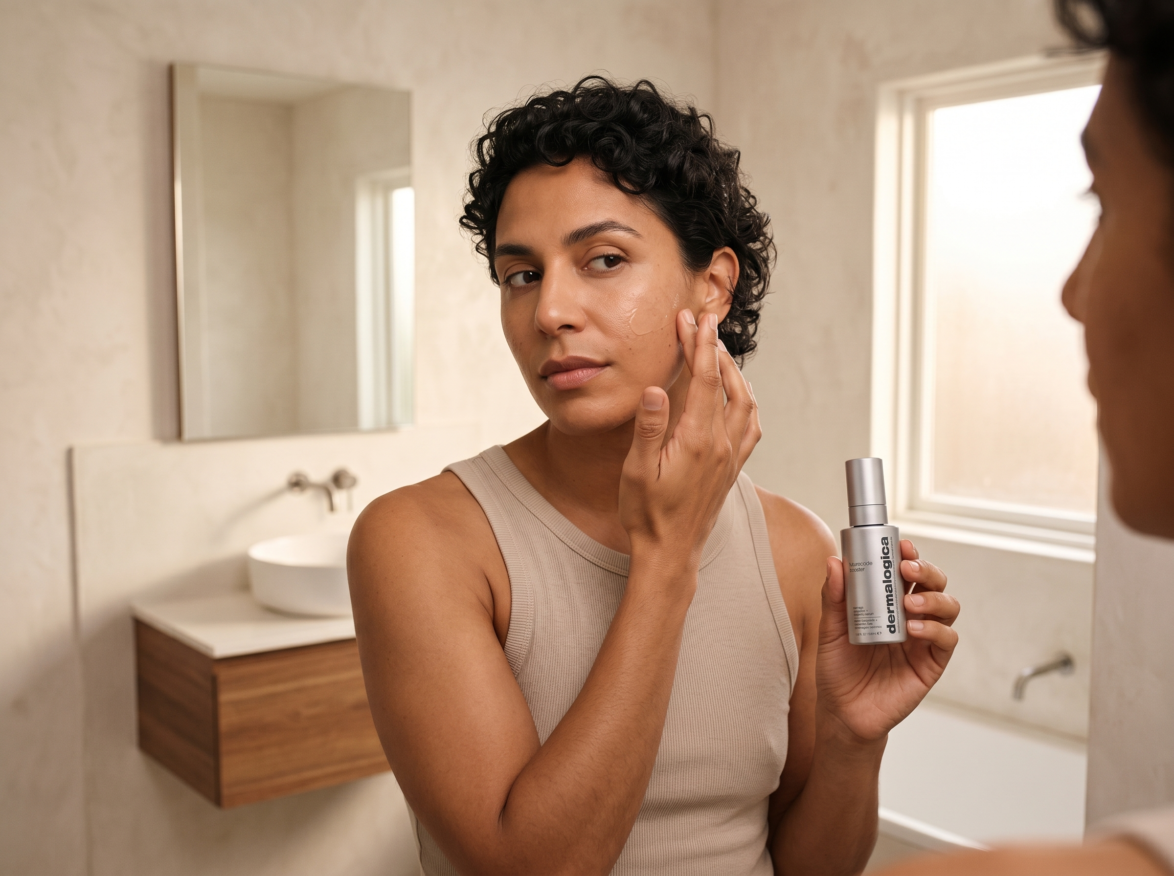 35-year-old Southern European Australian non-binary person with medium skin tone applying a lightweight serum in a bright bathroom, product bottle visible in hand