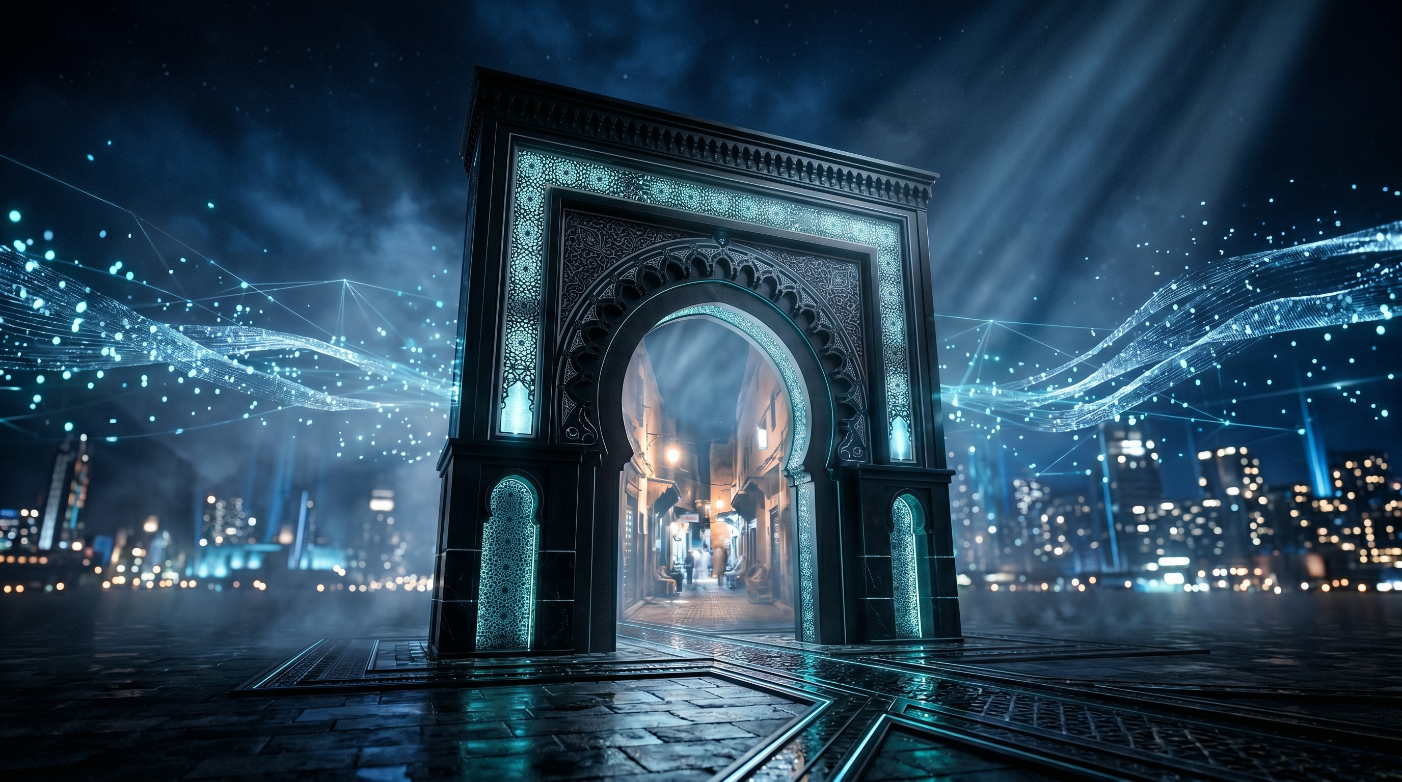 Une arche marocaine moderne et lumineuse, symbolisant une PME, recevant des flux de données numériques cyan dans un décor cinématographique sombre et futuriste.