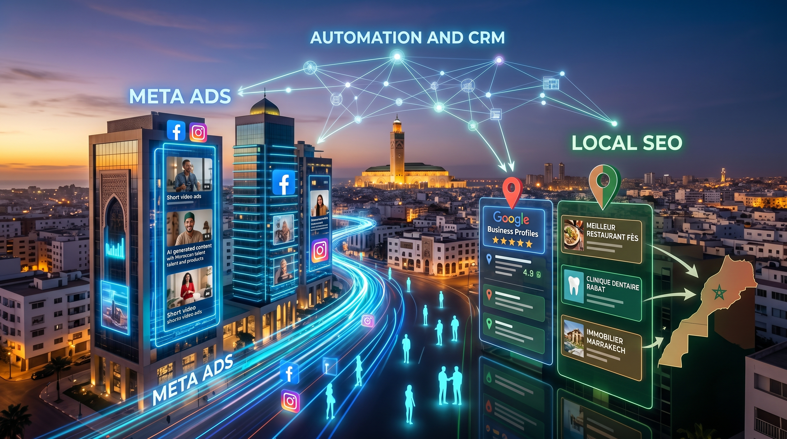 Représentation cinématographique futuriste de la synergie entre Meta Ads et le SEO local, avec des hologrammes de publicité Meta et des éléments visuels SEO flottant autour de PME marocaines en pleine croissance dans un paysage urbain moderne du Maroc, sous une lumière cyan et indigo éclatante, avec des flux de données et des flèches de croissance symbolisant l'acquisition client. Esthétique sci-fi premium et dynamique.