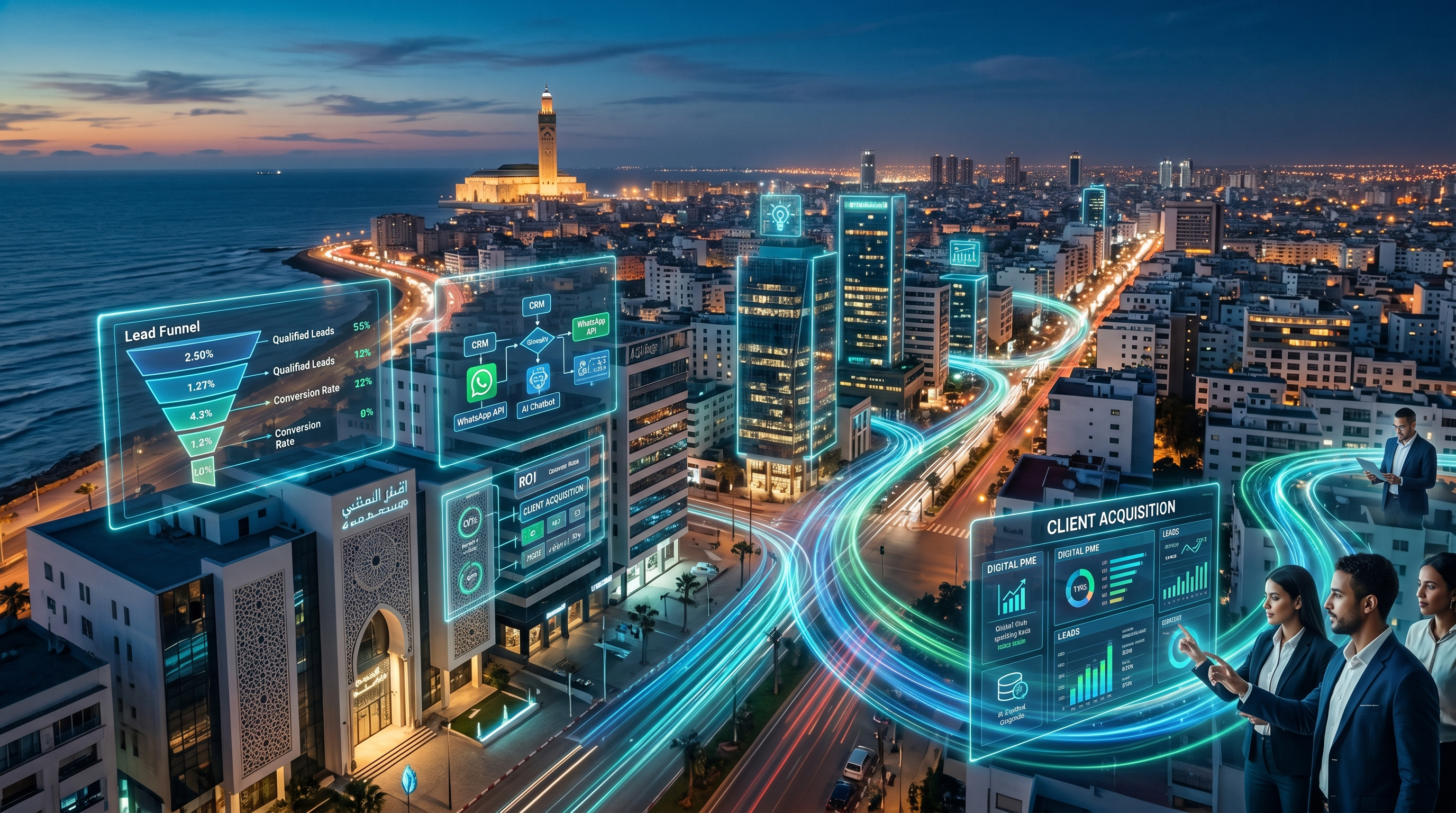 Visualisation futuriste de données digitales et de croissance pour PME marocaines, avec des graphiques lumineux superposés sur le paysage urbain de Casablanca au crépuscule, symbolisant l'acquisition client et l'automatisation digitale.