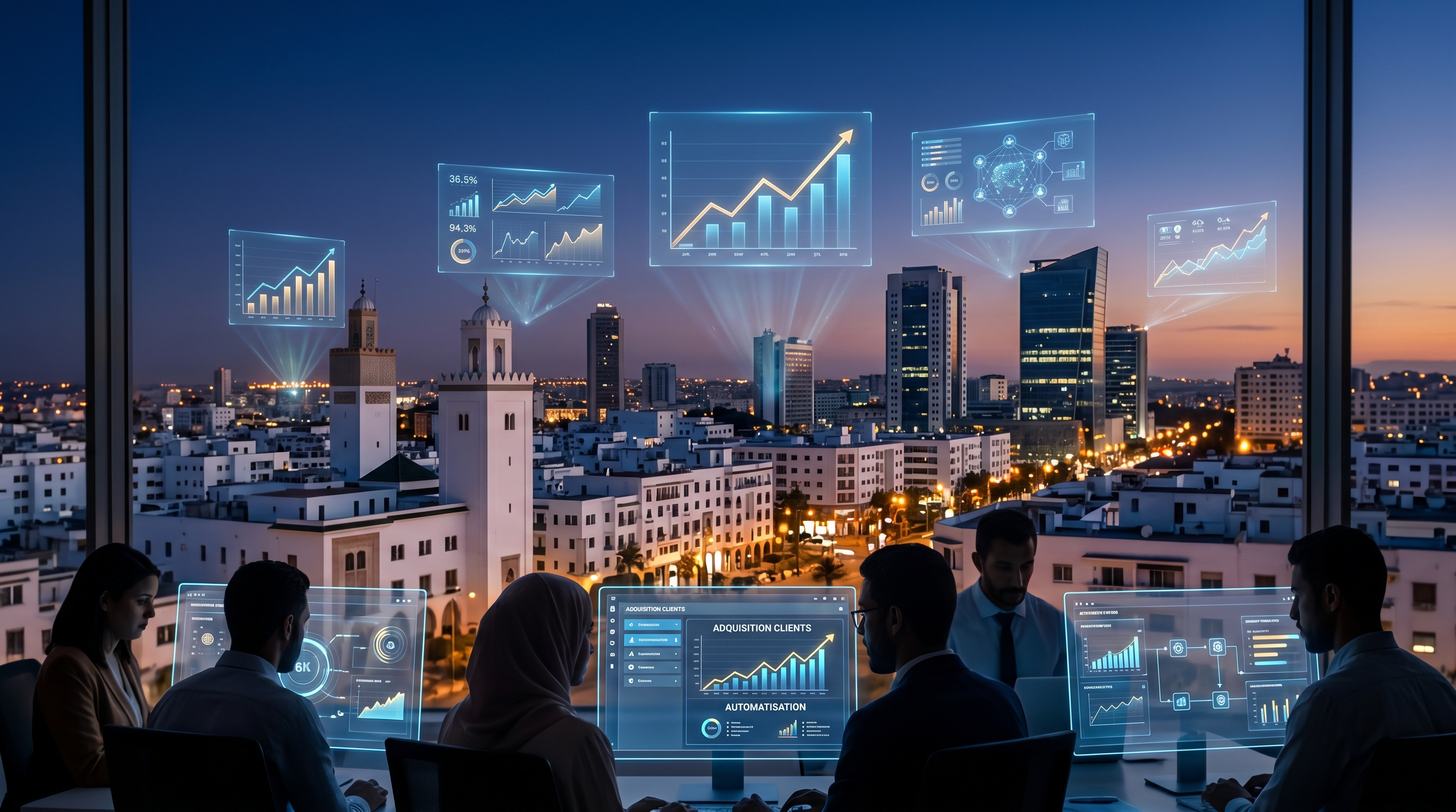 Vue cinématique d'une ville marocaine moderne au crépuscule, avec des hologrammes de données digitales et de graphiques de croissance flottant dans l'air. Au premier plan, des silhouettes de PME marocaines devant des écrans lumineux, symbolisant l'acquisition client digitale et l'automatisation. Lumières urbaines élégantes, un sentiment de dynamisme économique et de technologie avancée, avec une touche de sci-fi premium. Esthétique futuriste, couleurs riches et profondes, éclairage doux mais contrasté, angle de caméra légèrement bas pour une perspective imposante. Profondeur de champ immersive. Représentation artistique de la transformation digitale des entreprises marocaines en 2025.