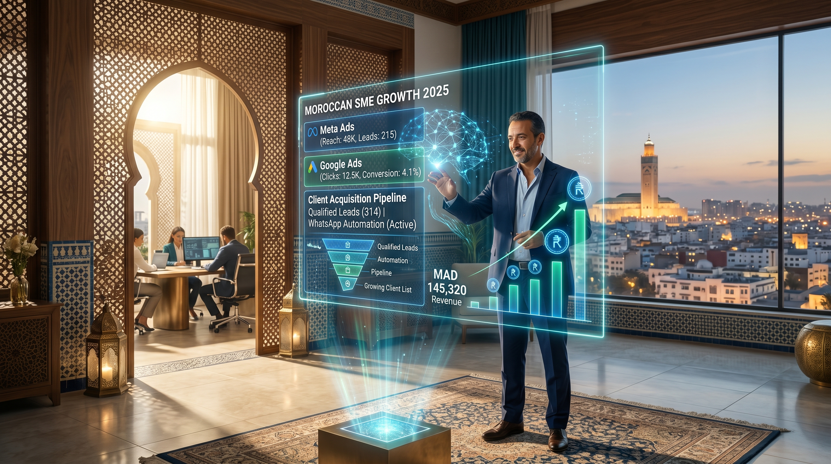 Illustration futuriste d'une PME marocaine utilisant l'IA et l'automatisation pour une acquisition client massive en 2025, avec des hologrammes de données et des parcours clients optimisés.