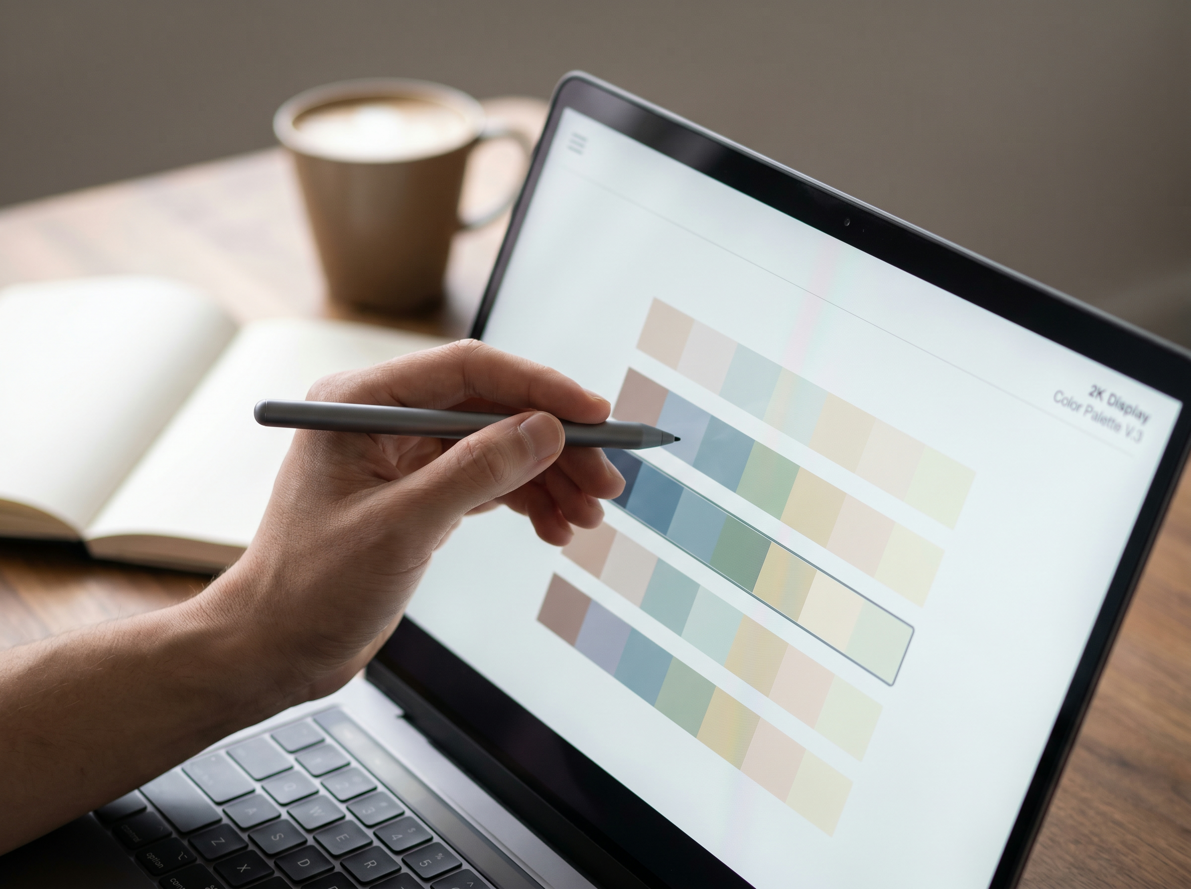 A designer comparing categorical color palettes on a laptop screen with a stylus