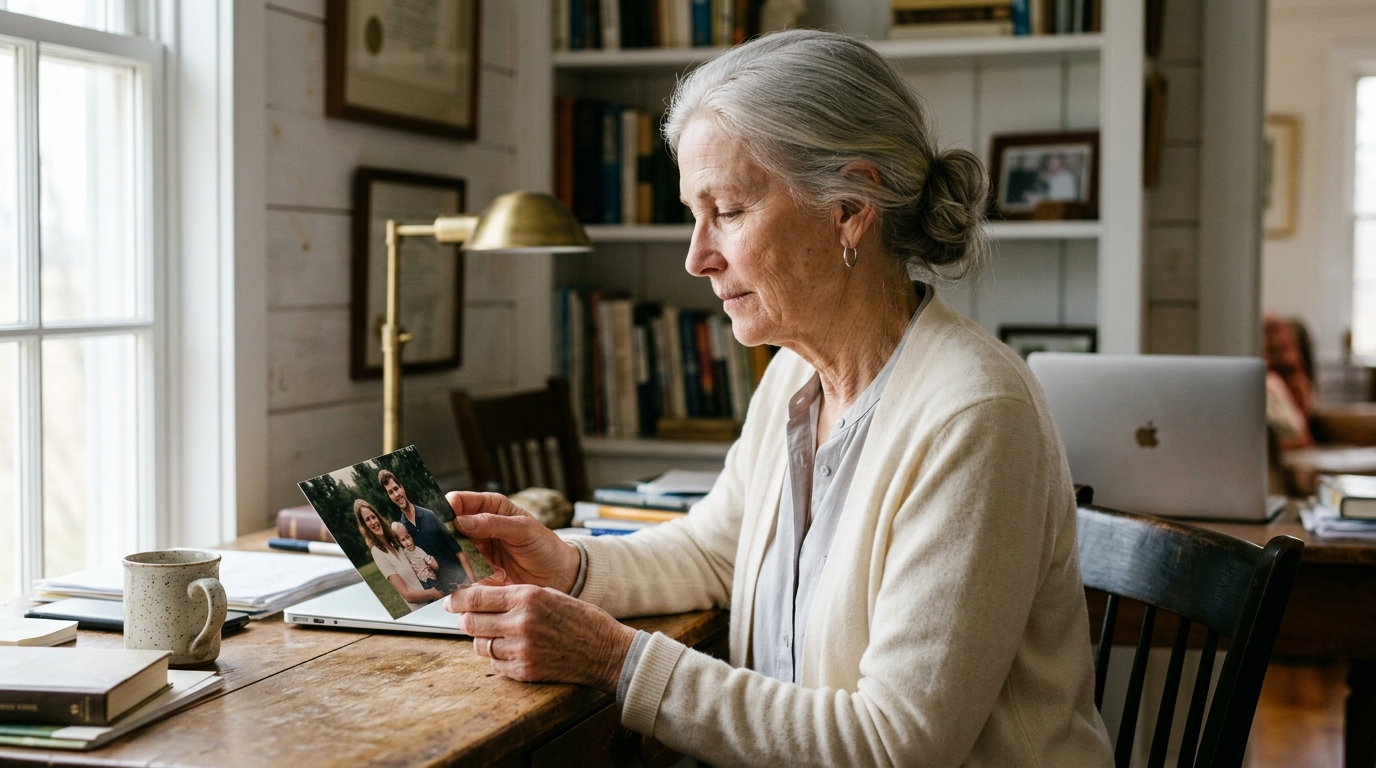 A woman about seventy-two years old seated at a desk in soft natural daylight, holding a printed photograph and looking at it with an expression of quiet recognition.