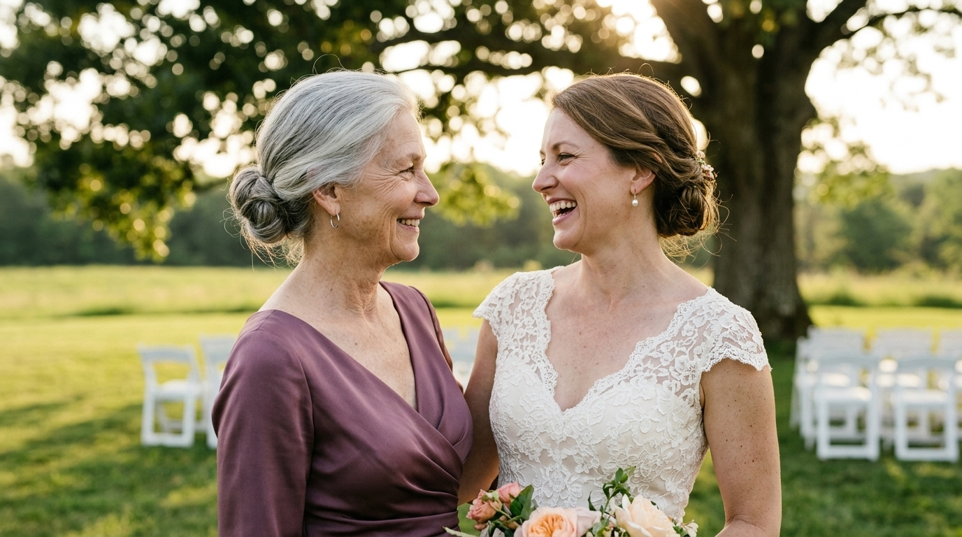 A woman in her early seventies in a deep mauve mother-of-the-bride dress in warm late-afternoon light, with her adult daughter in a wedding gown, a candid moment of presence and quiet emotion.