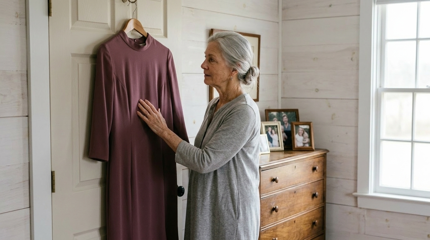 A woman in her early seventies standing in soft natural light beside a mother-of-the-bride dress on a hanger, examining the fabric with quiet anticipation.