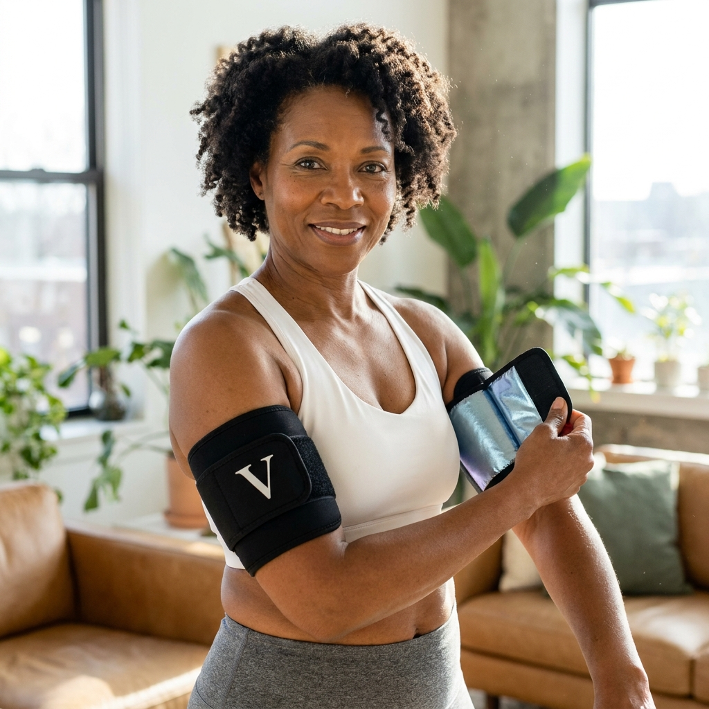 Woman over 50 wearing the Vilora far-infrared arm wrap