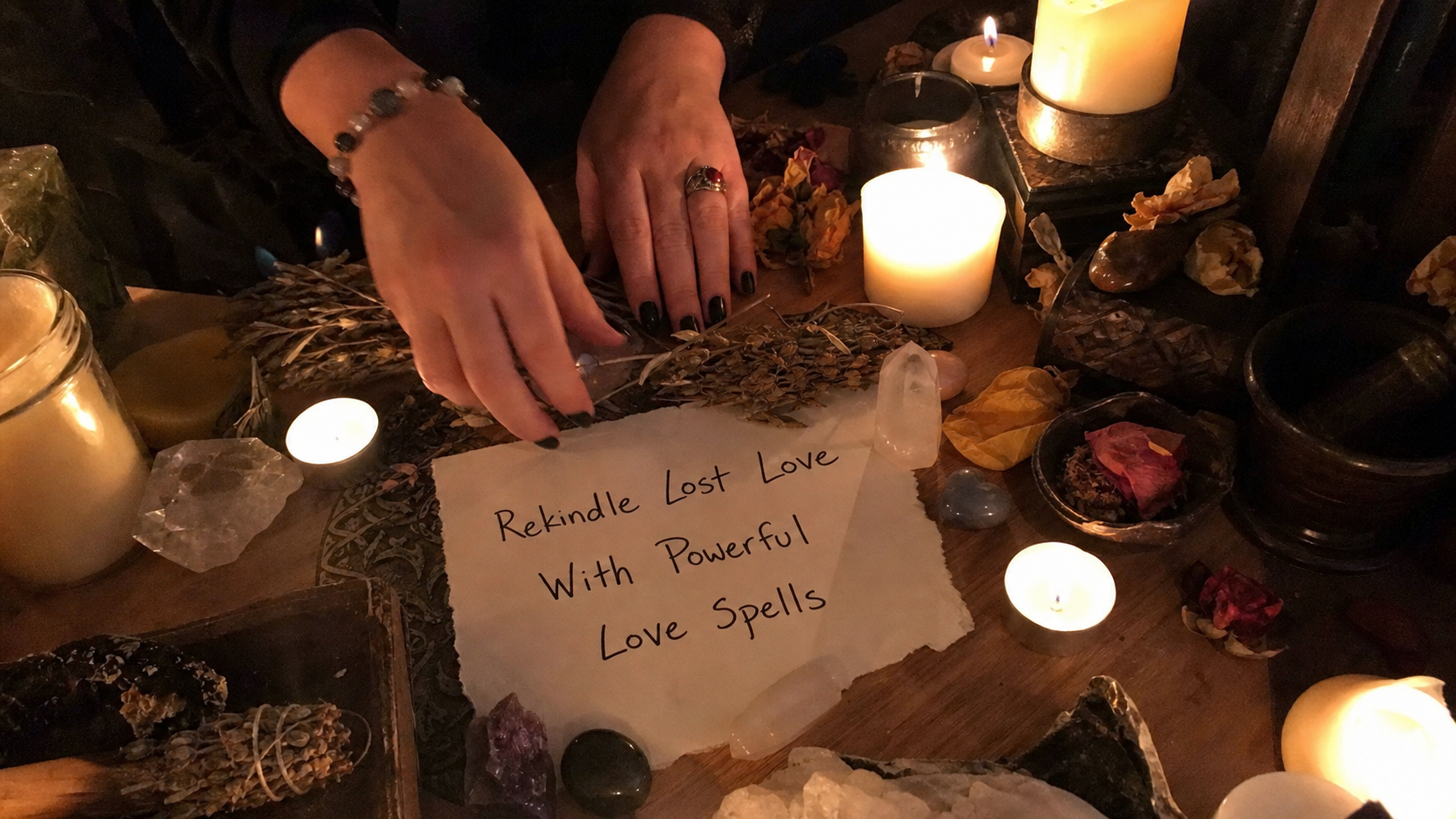 Couple reconnecting romantically with candles and roses, symbolizing powerful love spells to rekindle lost love