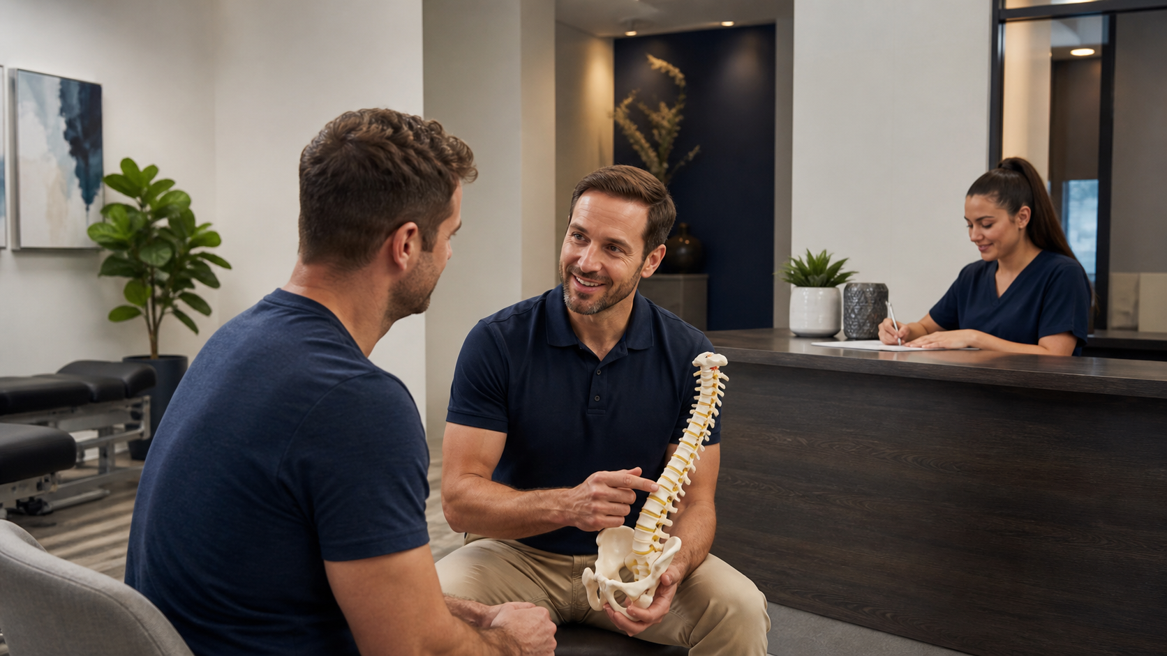 professional chiropractor performing spinal adjustment in bright treatment room