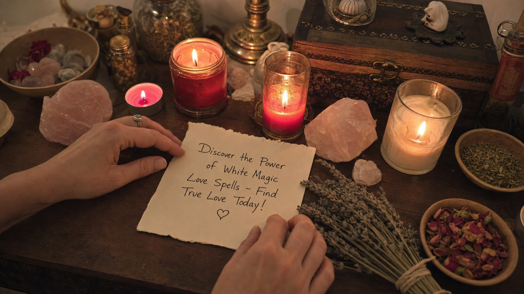 A glowing candle with roses and crystals symbolizing white magic love spells to attract true love and positive energy