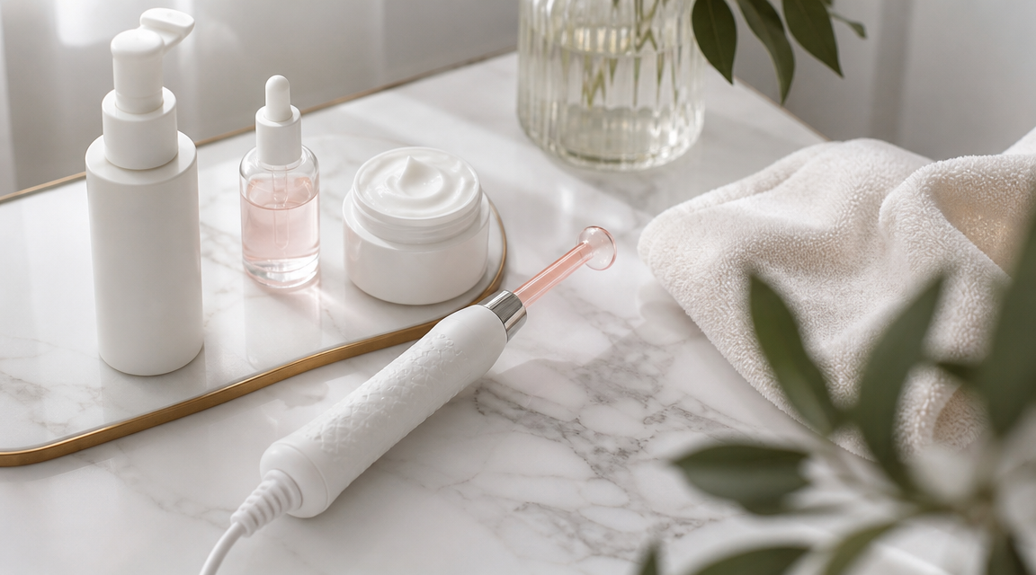 Step-by-step face wand routine on bathroom vanity