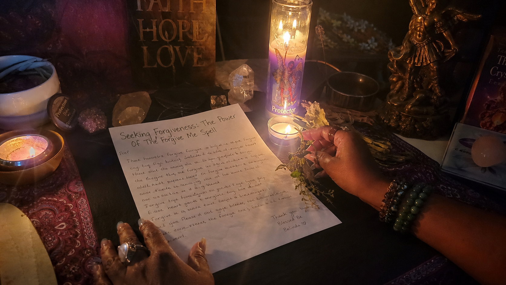 A person casting the Forgive Me Spell with a glowing ritual candle, symbolizing apology, healing, and forgiveness