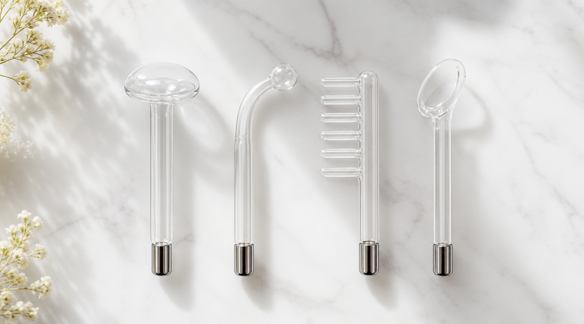 Four different high-frequency electrode attachments laid out on white surface
