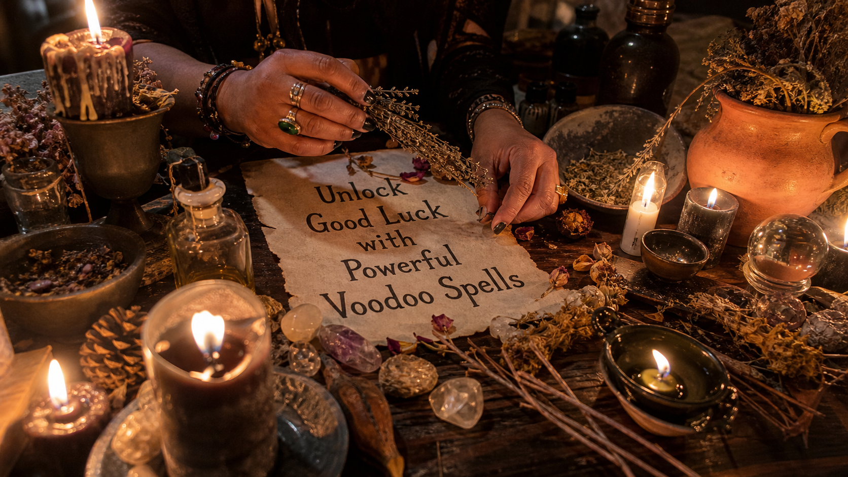 Voodoo candles, herbs, and ritual tools arranged for a powerful good luck spell and spiritual protection ceremony