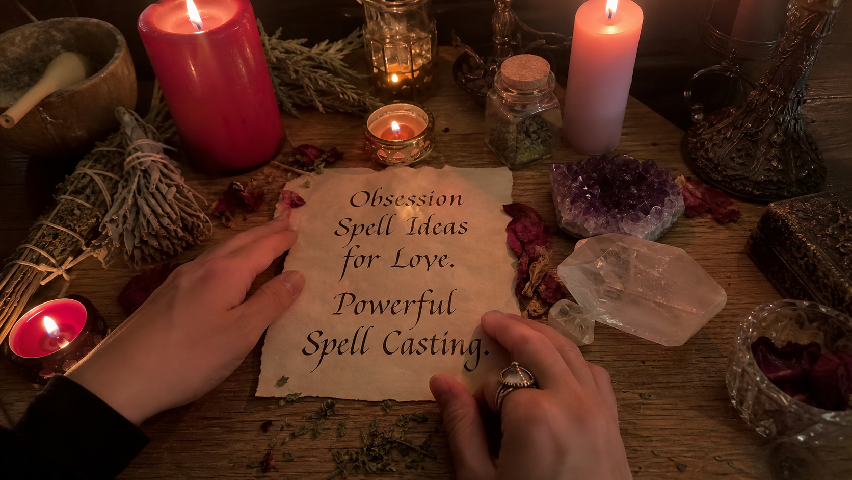 Obsession spell ideas for love with a mystical spell casting setup, candles, and ritual tools for powerful attraction magic