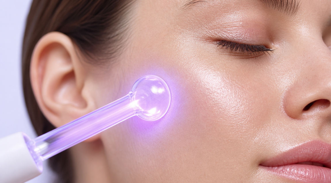 Glowing violet neon tube electrode close-up on skin