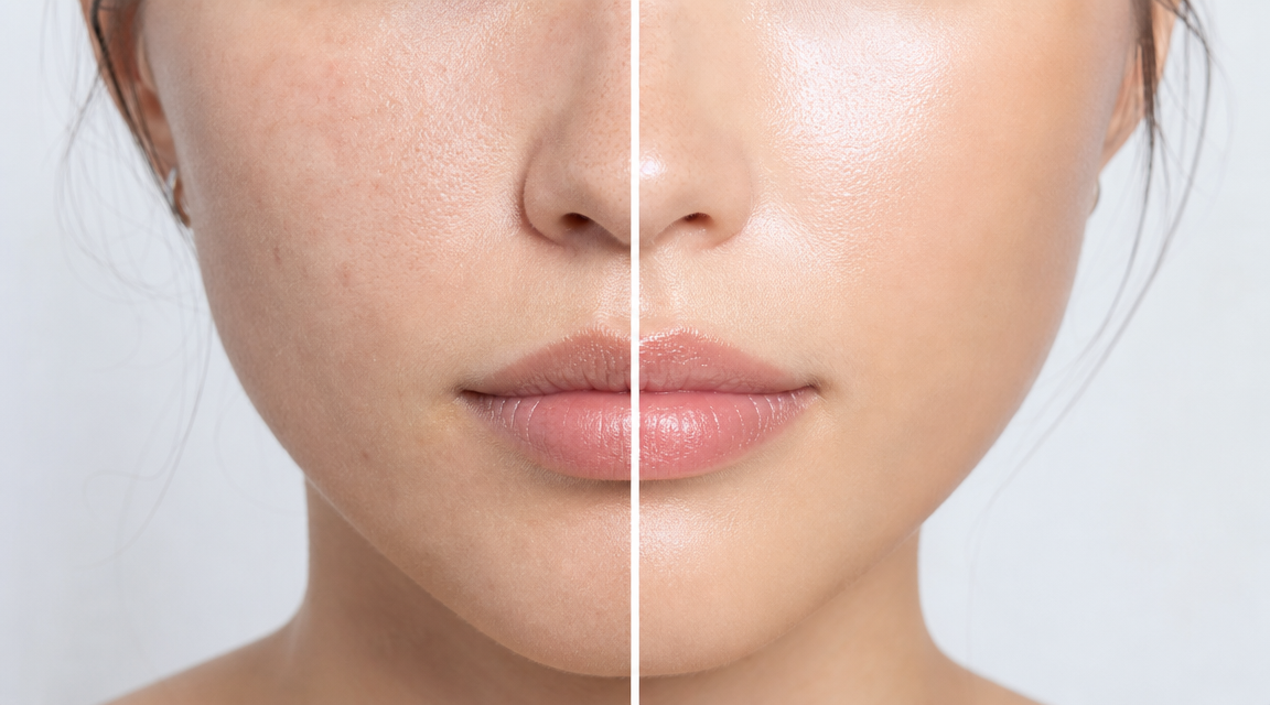 Before and after skincare glow comparison using high frequency wand