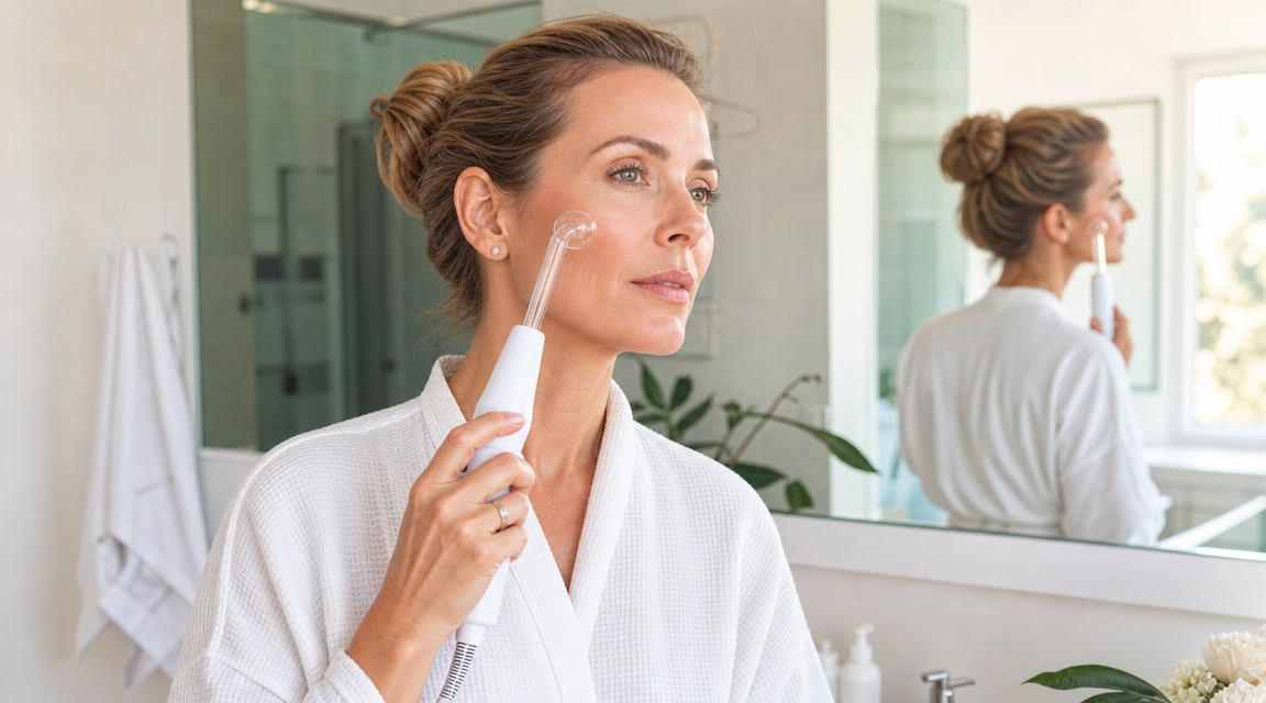 Step-by-step home electrotherapy facial using high frequency wand