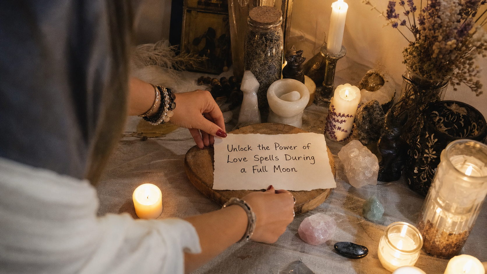 Full moon illuminating a ritual altar for love spells, with candles, crystals, and romantic symbolism for manifestation