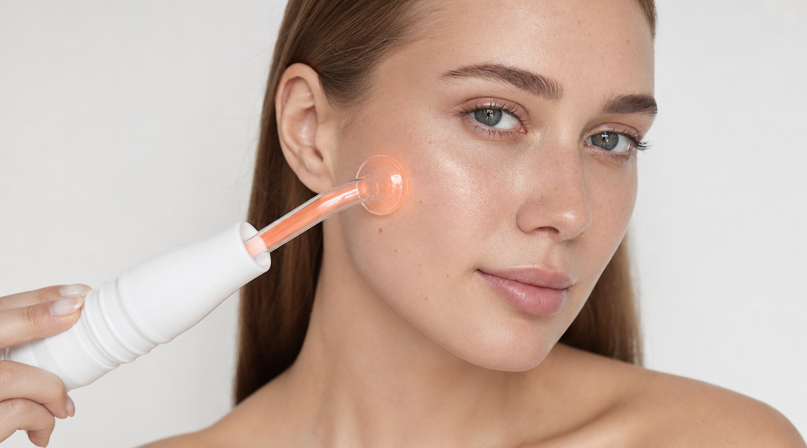 Woman using high-frequency wand gently on cheek, calm expression