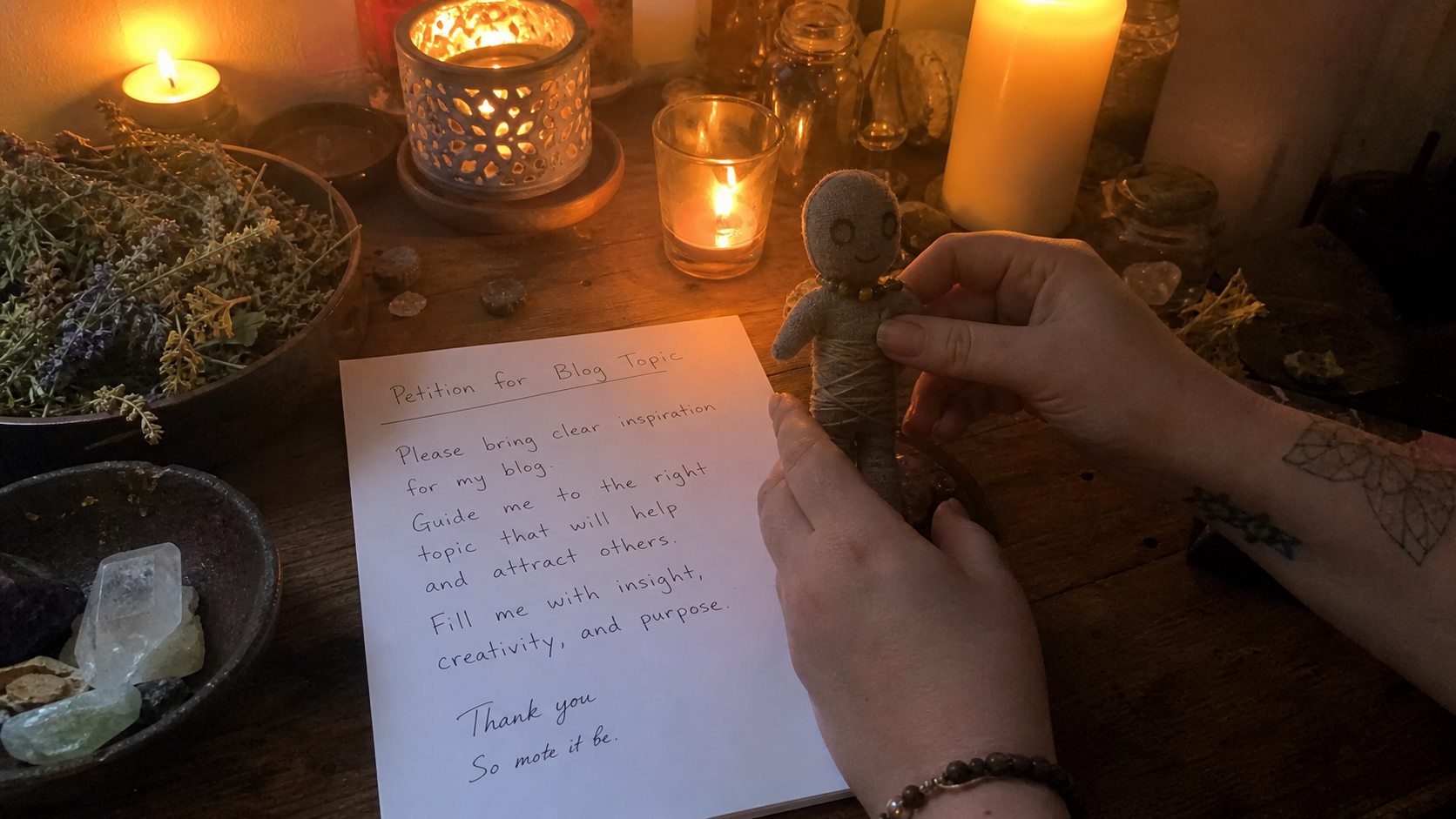 Voodoo spells and dolls displayed with candles, herbs, and ritual symbols for a mystical spiritual practice scene