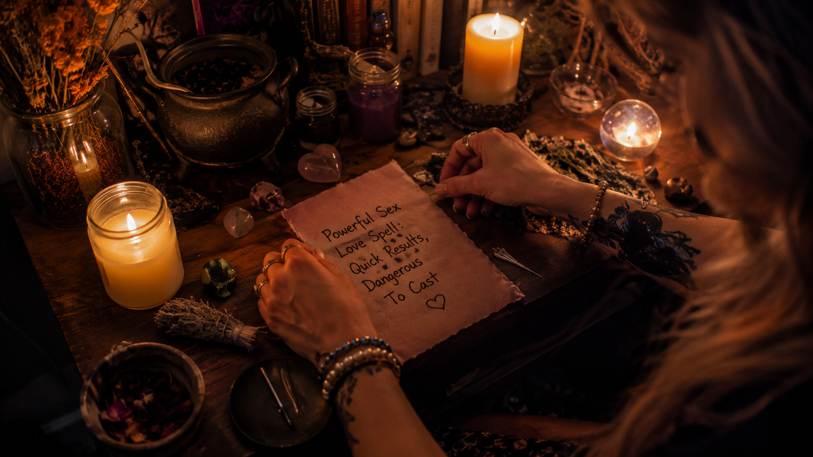 Powerful sex love spell candles and ritual tools laid on a dark altar for quick results and cautionary magic practice