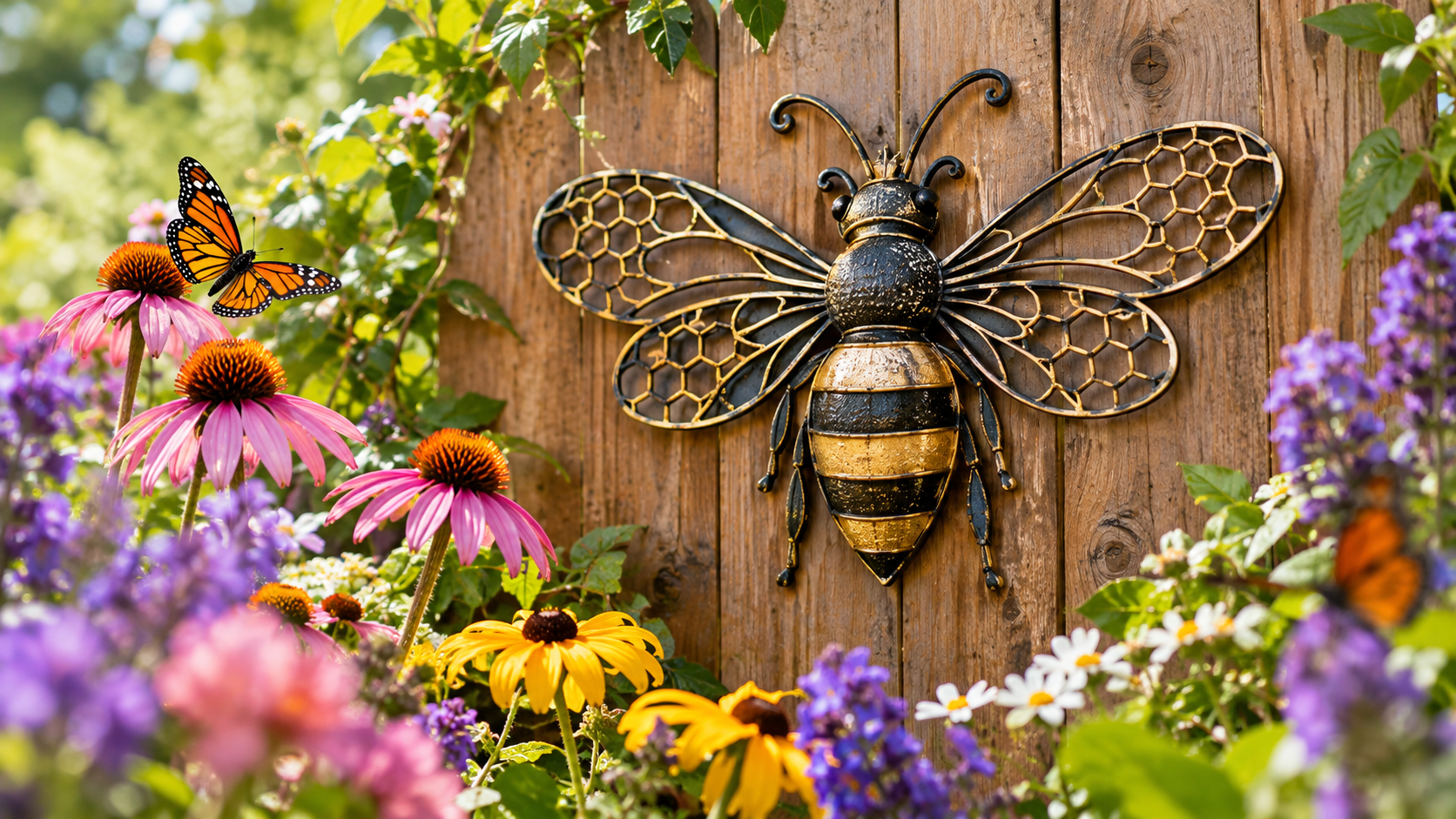 Nature-inspired metal wall art in a butterfly garden with flowers