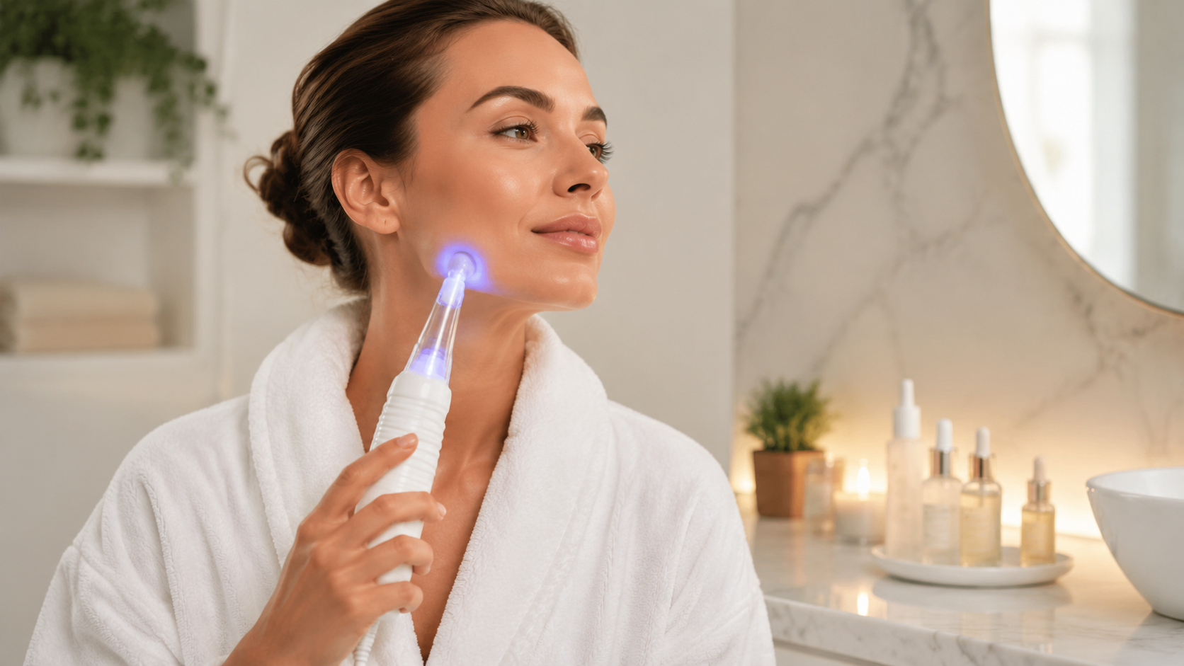 Woman using high frequency wand on jawline area, step-by-step skincare routine