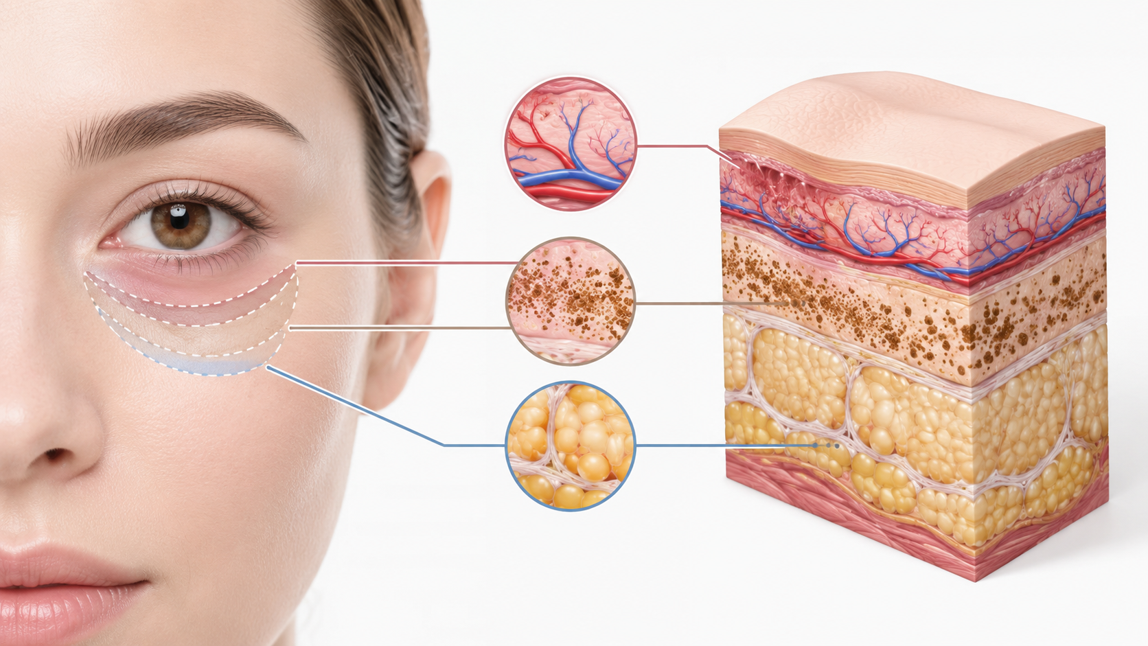 Diagram showing three types of under-eye dark circles