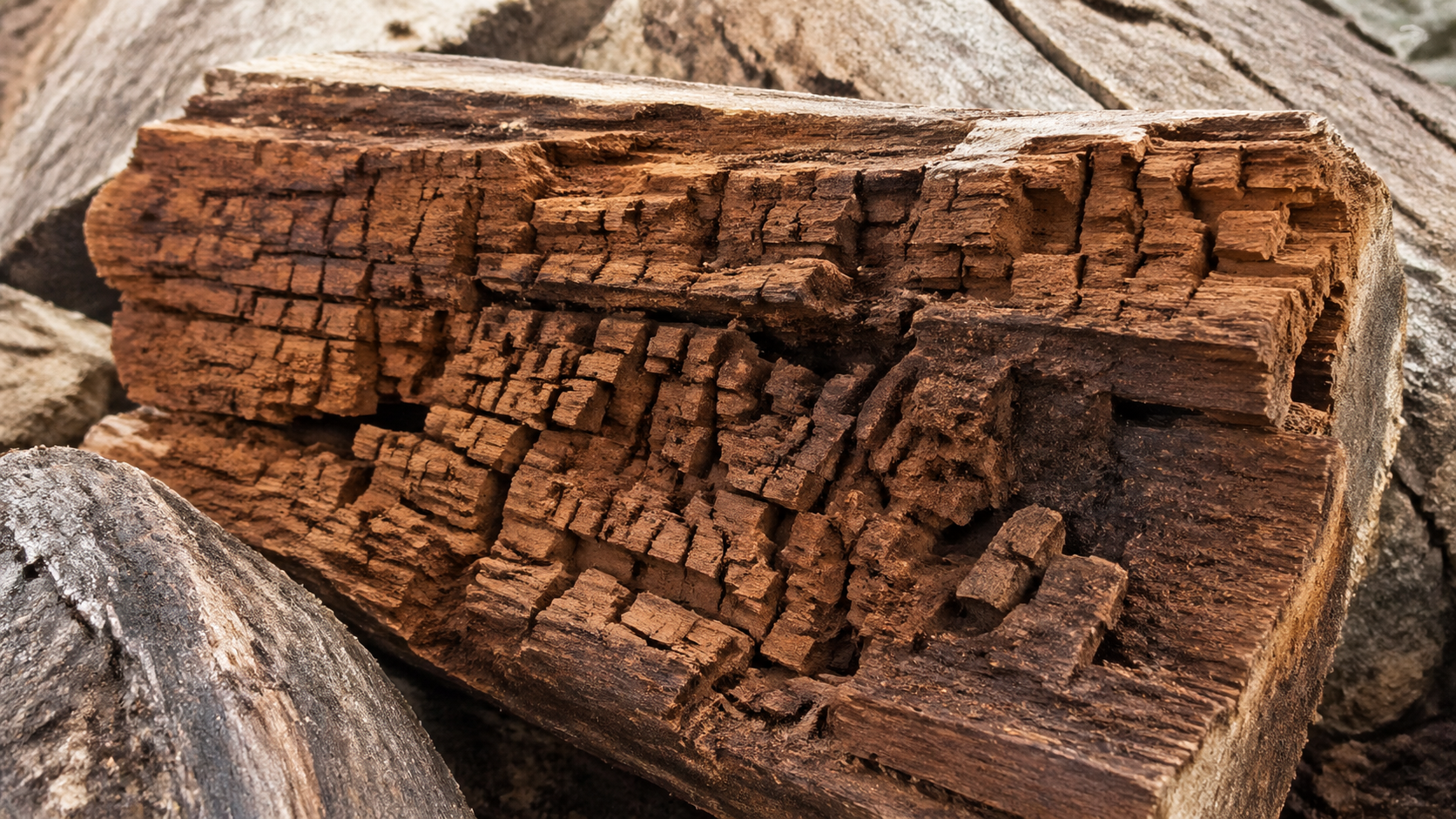Bois de chauffage présentant pourriture cubique brun foncé