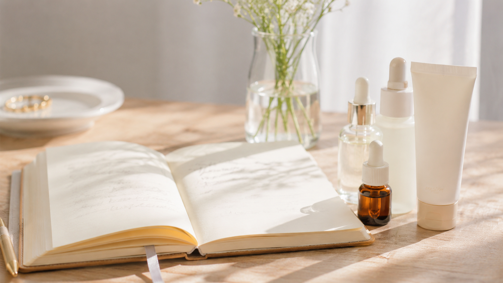 Rosacea trigger journal with skincare products on wooden table