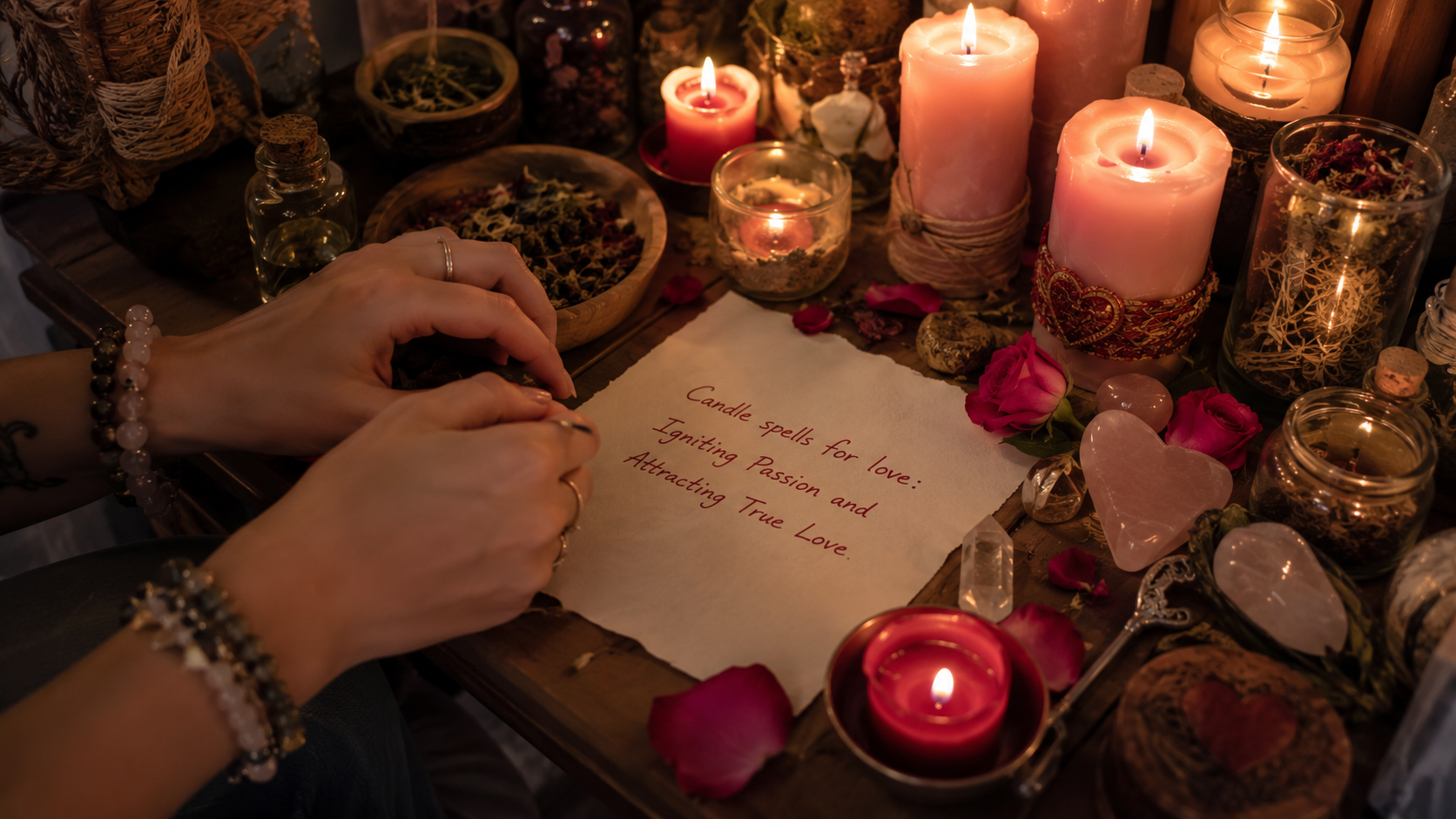 Candle spell for love with glowing red candles, romantic crystals, and a warm altar setup to attract passion and true love