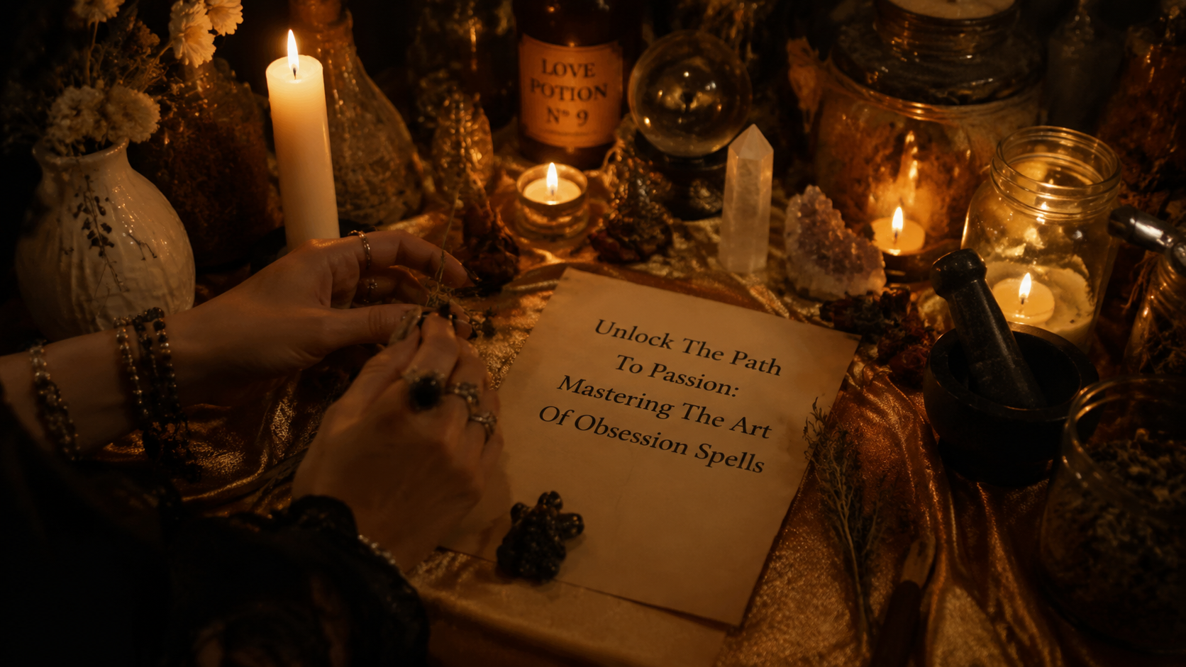 Mystical altar with candles and tarot cards symbolizing obsession spells for unlocking passion and desire