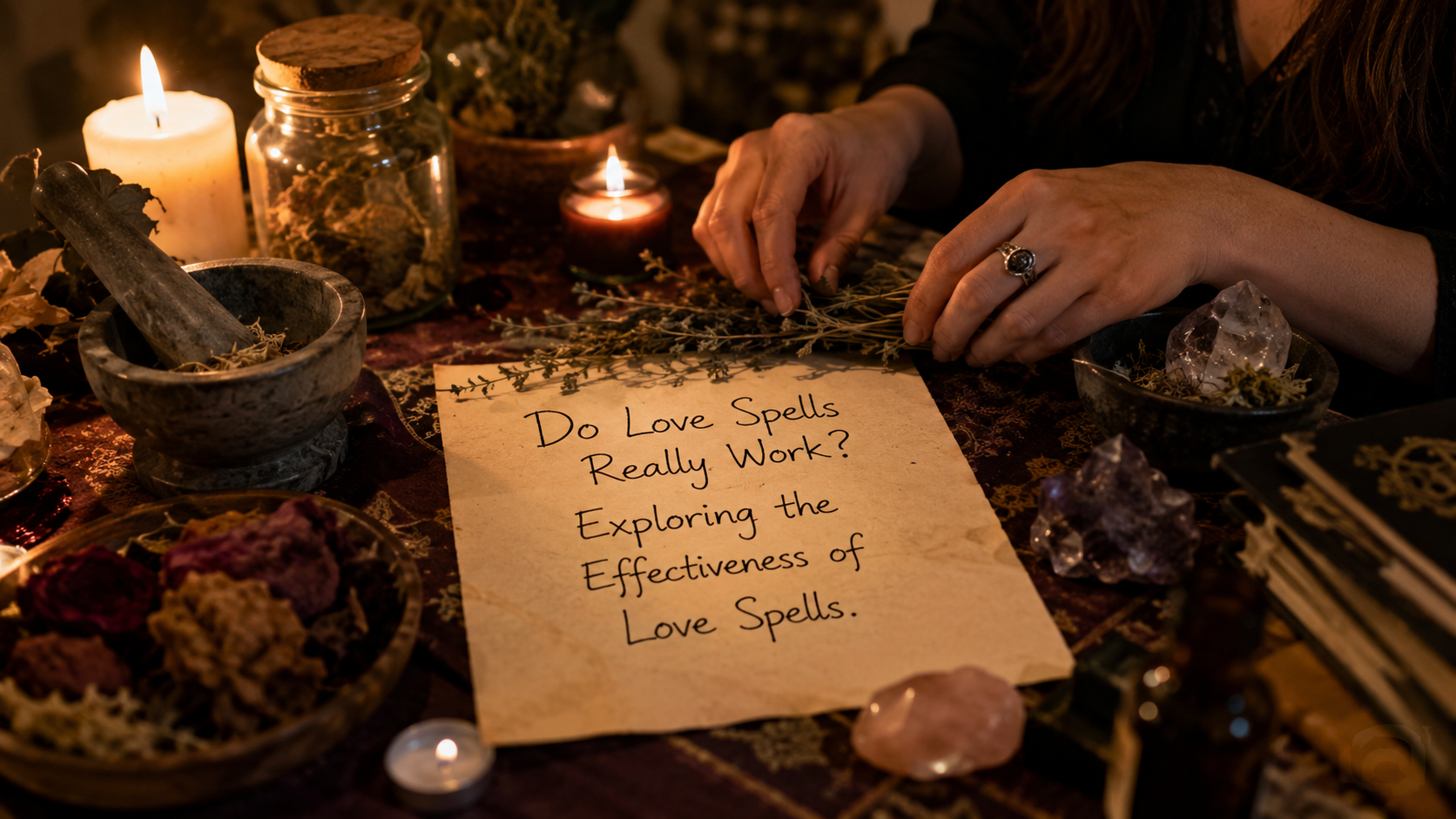 A glowing candle beside tarot cards and roses, illustrating the question: do love spells really work?