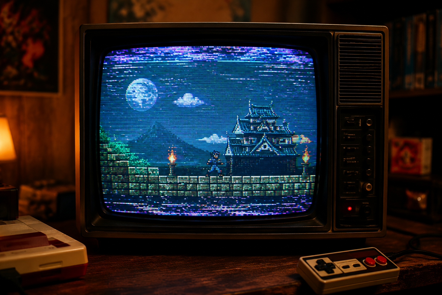 Vieille télévision CRT affichant un jeu vidéo rétro avec des artefacts visuels