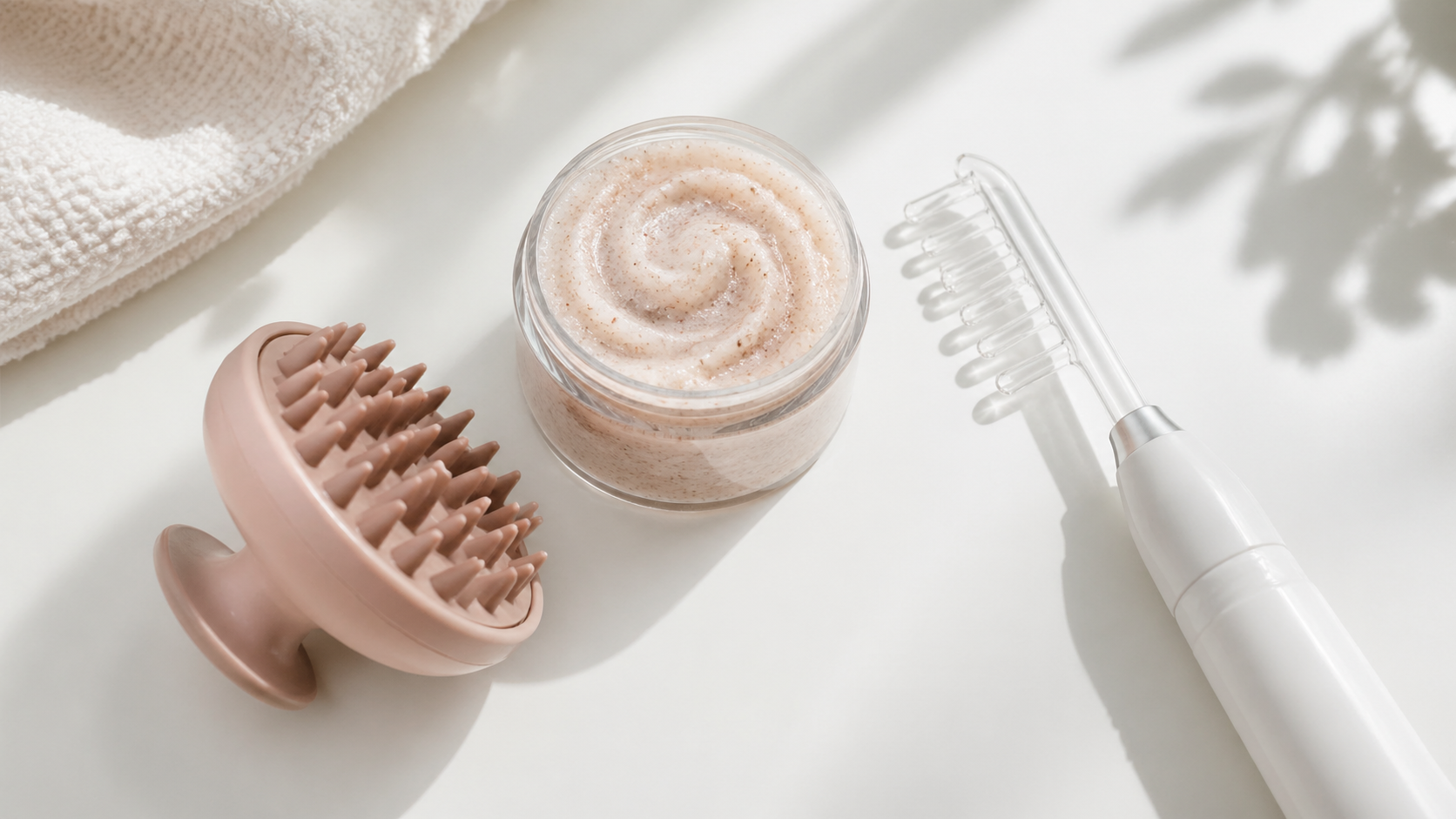 Flatlay of scalp care tools including brush, scrub, and high frequency wand