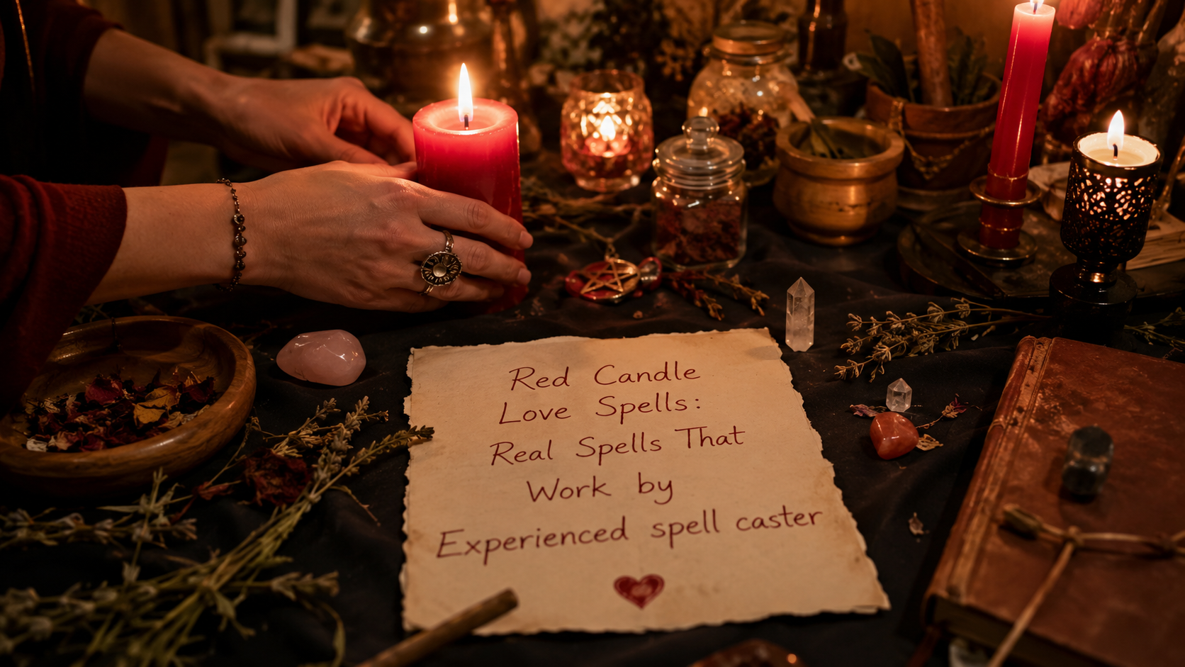 Red candle love spell setup with ritual tools for attraction, romance, and relationship healing by an experienced spell caster