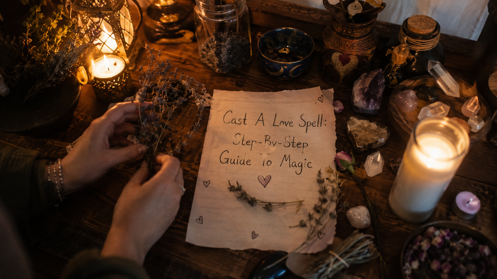 Step-by-step guide to cast a love spell with candles, herbs, and ritual tools arranged for magical intention