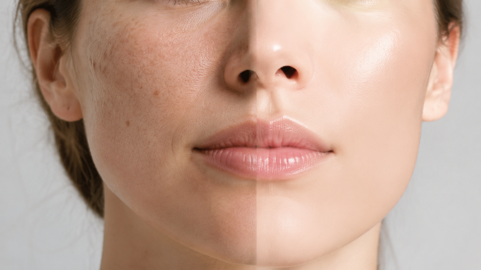 Before and after skin comparison showing clearer, glowing complexion