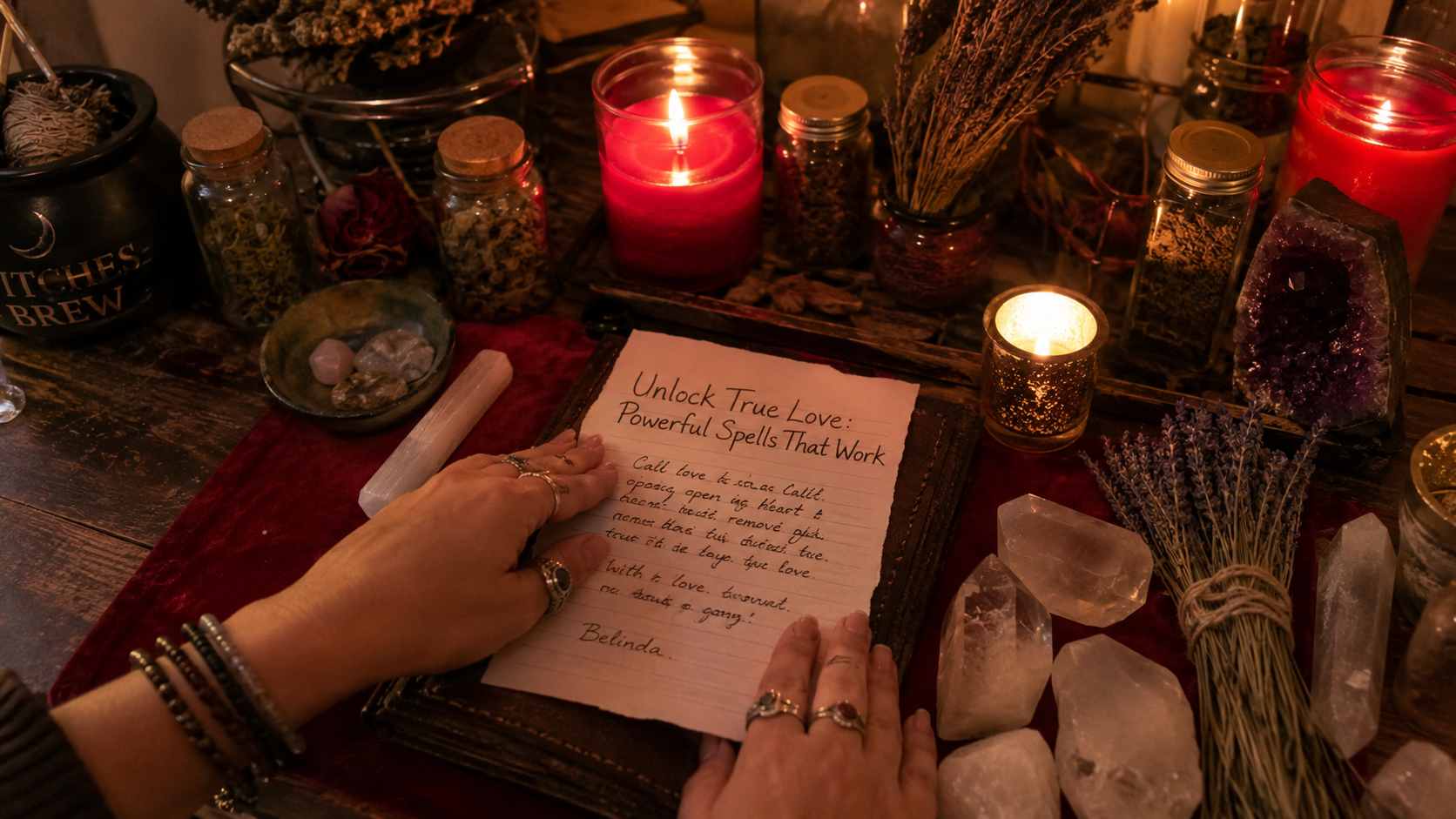 Love caster spell with glowing candlelight, crystals, and mystical herbs set for a powerful ritual to unlock true love