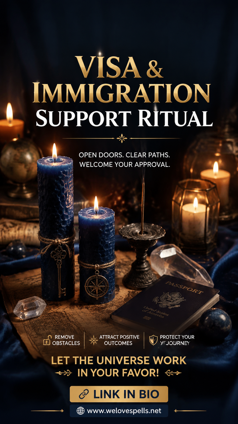 Mystical visa and immigration approval spell illustration with spiritual energy