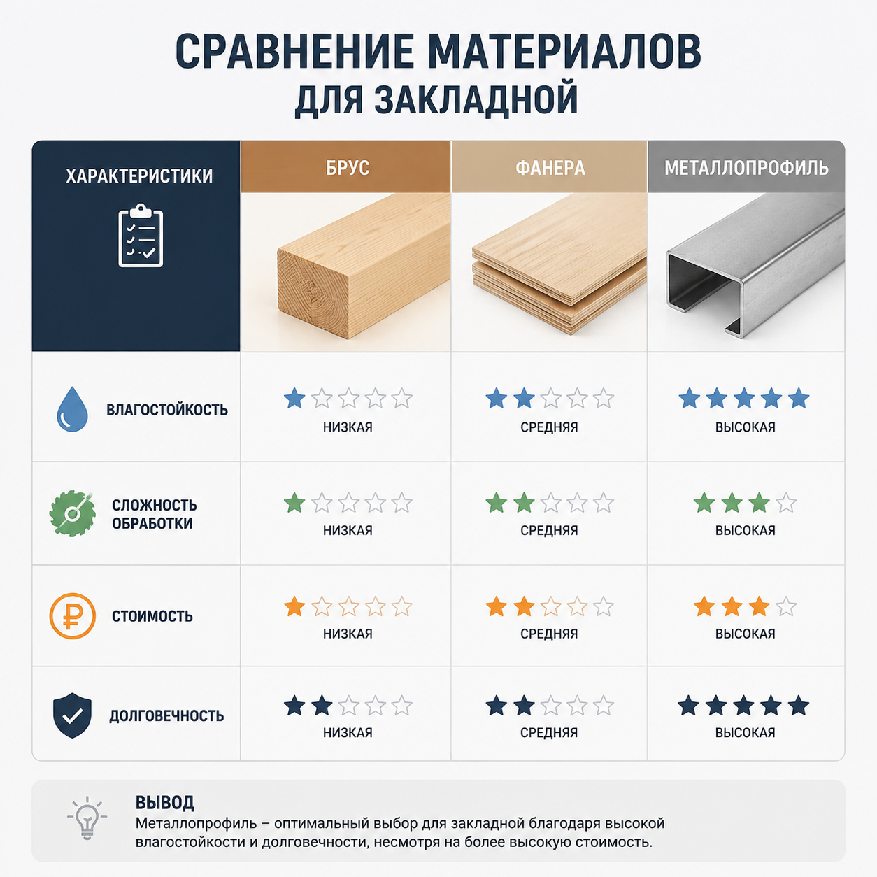 Сравнение материалов для закладной — таблица с характеристиками: материал (брус, фанера, металлопрофиль), влагостойкость, сложность обработки, стоимость, долговечность